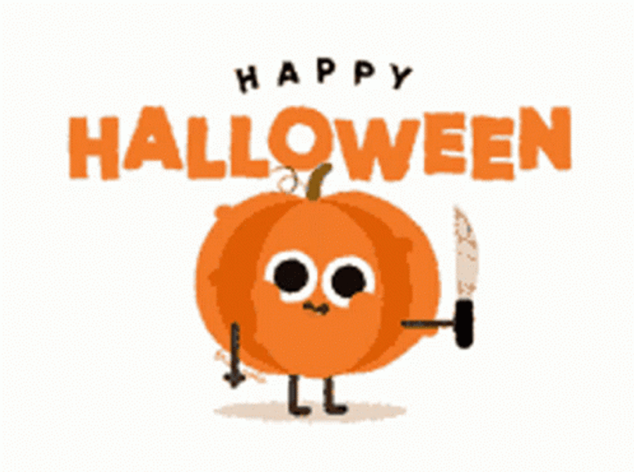 Spooky 桌布 壁紙 — 一個快樂的卡通南瓜，有大眼睛和棍子手臂，在粗體橙色萬聖節文字下拿著刀和叉。