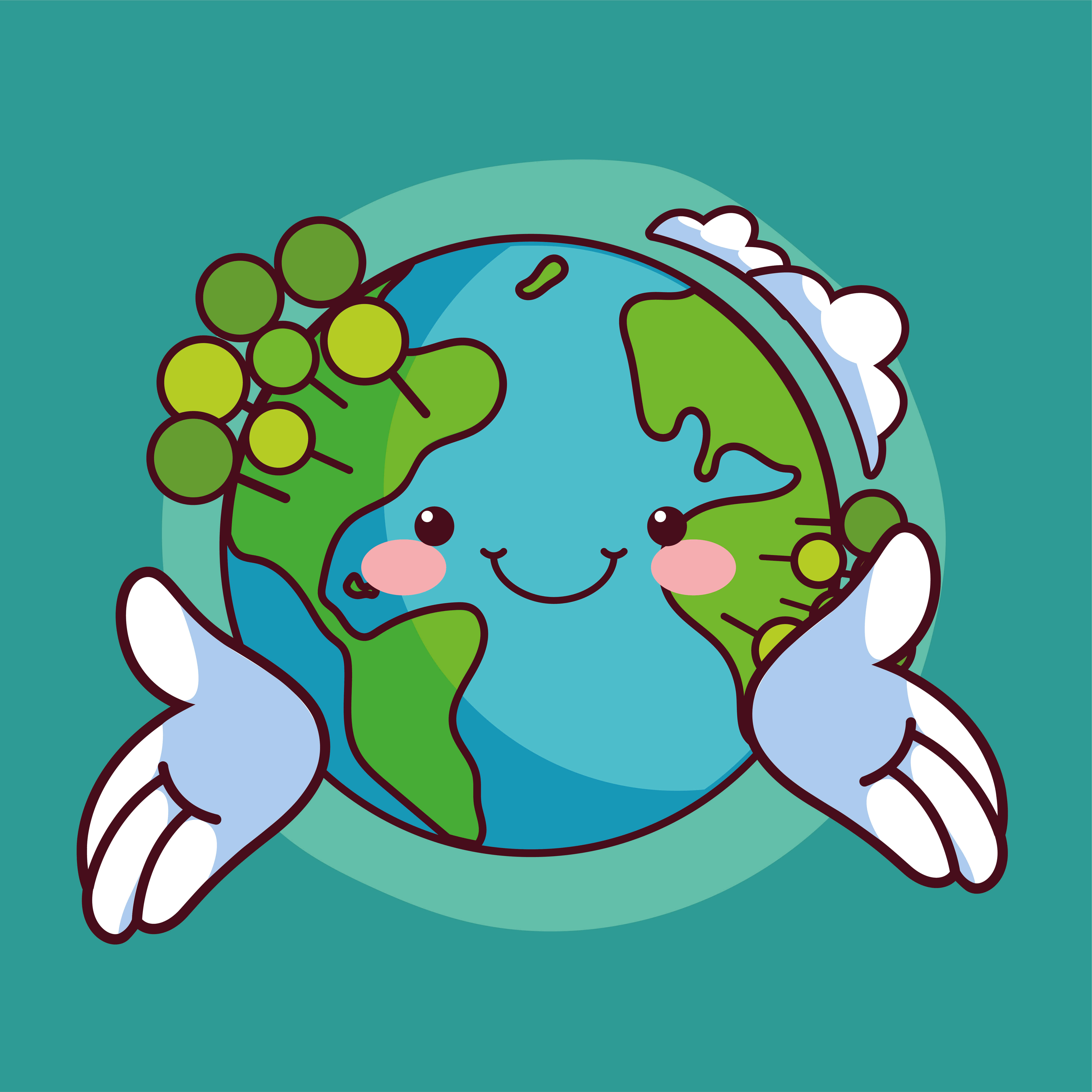 Kawaii Space 桌布 壁紙 — 一個快樂的卡通地球，帶有微笑的臉和伸出的雙手，被綠葉和白雲環繞，背景是青綠色。
