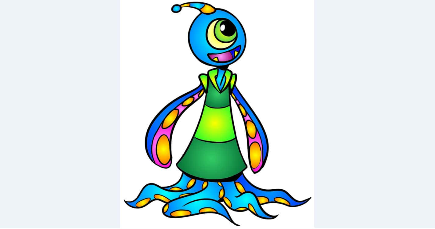 Cartoon Alien 桌布 壁紙 — 一個快樂的卡通外星人，藍色頭部，一隻大眼睛，色彩斑斕的斑點四肢，穿著綠色連衣裙。