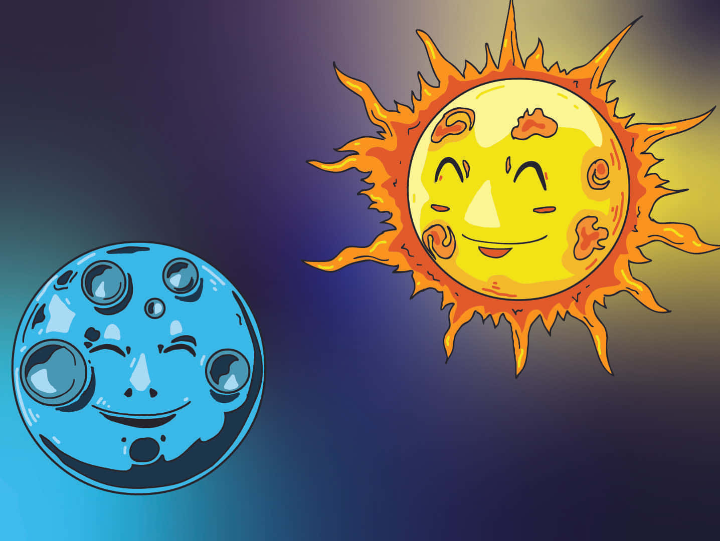 太陽與月亮 桌布 壁紙 — 一個快樂的卡通太陽，帶有火焰般的光芒，和一個微笑的月亮，帶有隕石坑，兩者都在漸變的天空中眨眼。