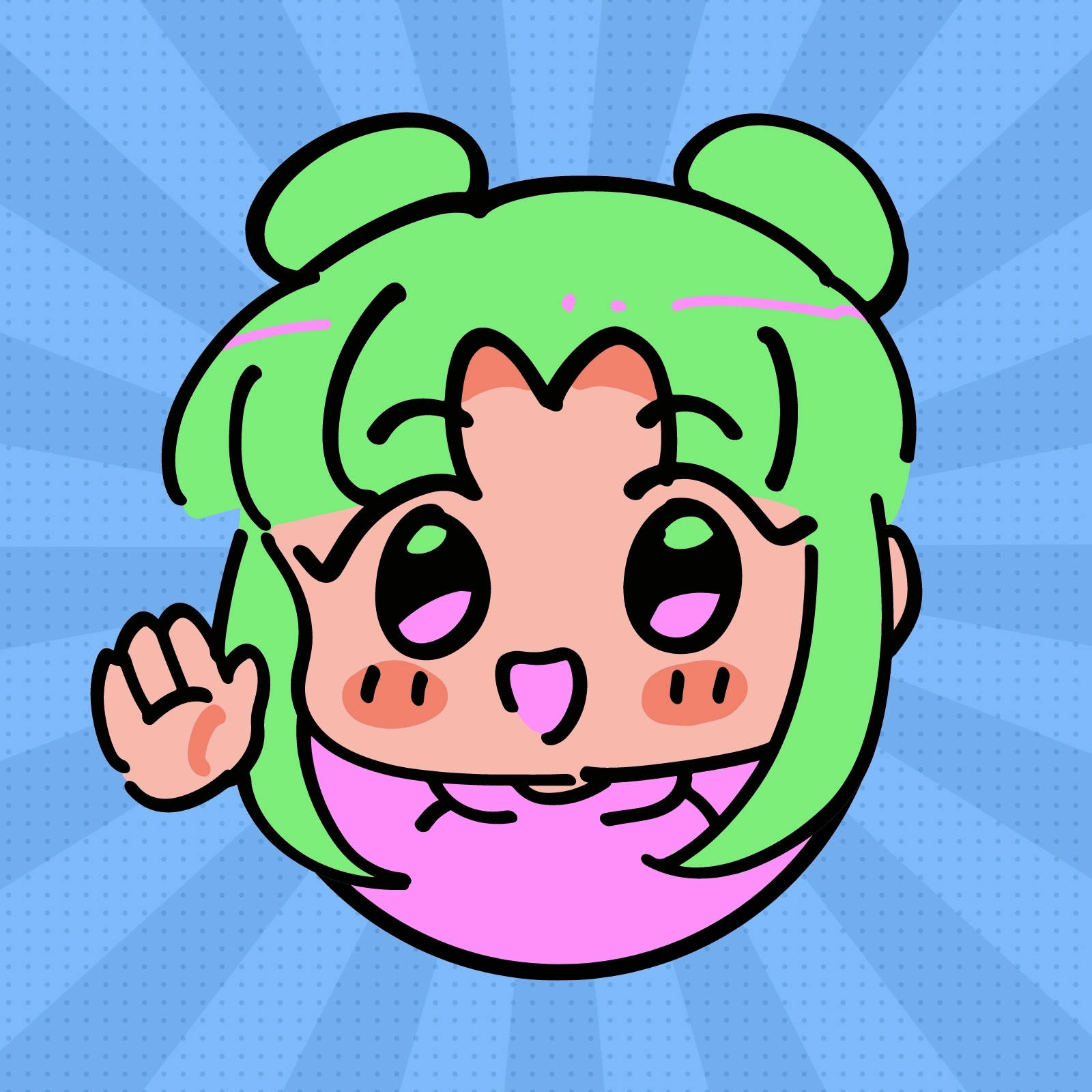 Chibi 桌布 壁紙 — 一個快樂的卡通女孩，綠色頭髮和粉紅色服裝，在藍色放射狀背景前開心地揮手。