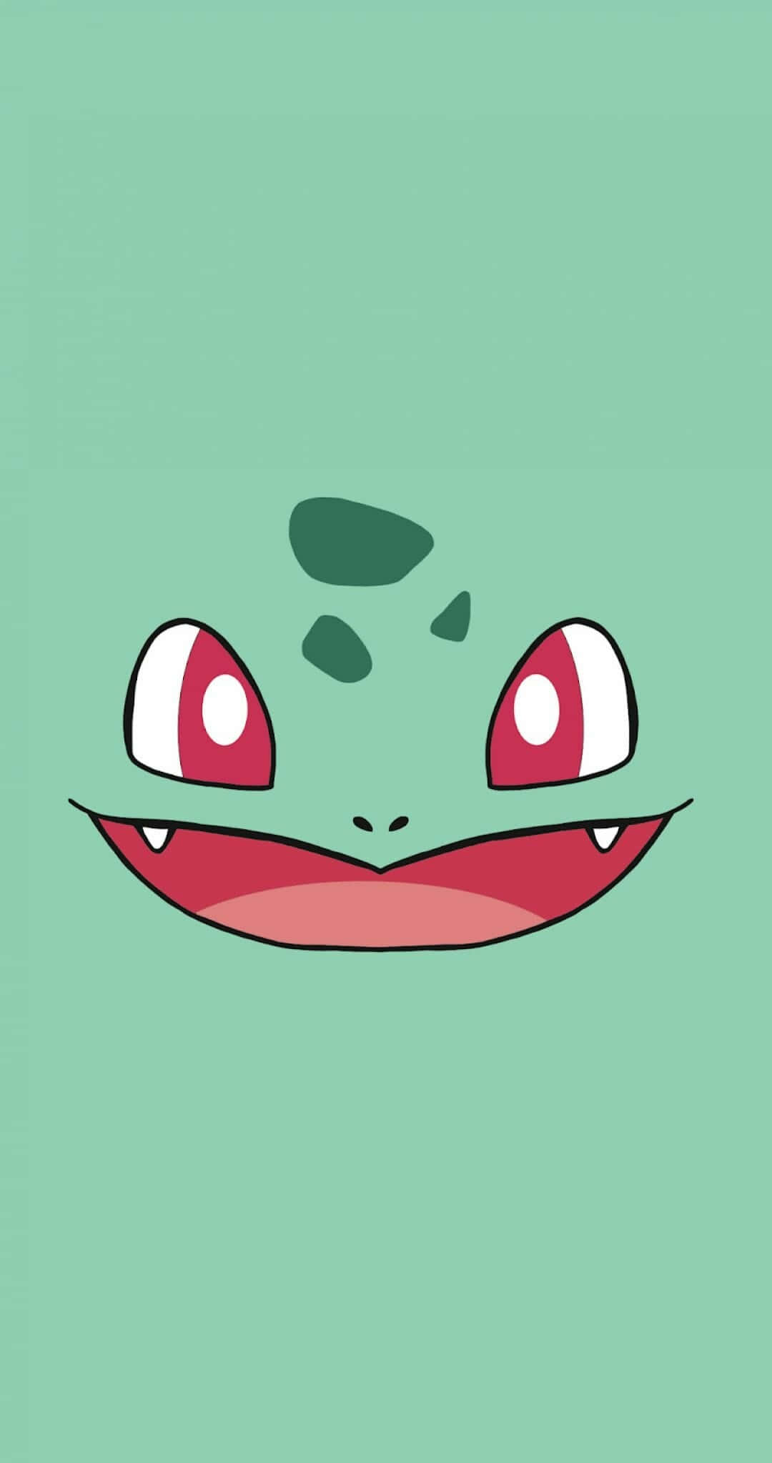 Pokemon Aesthetic Bulbasaur's Face 壁紙 — 一個快樂的卡通妙蛙種子，紅眼睛，咧嘴大笑，在純薄荷綠色背景上。