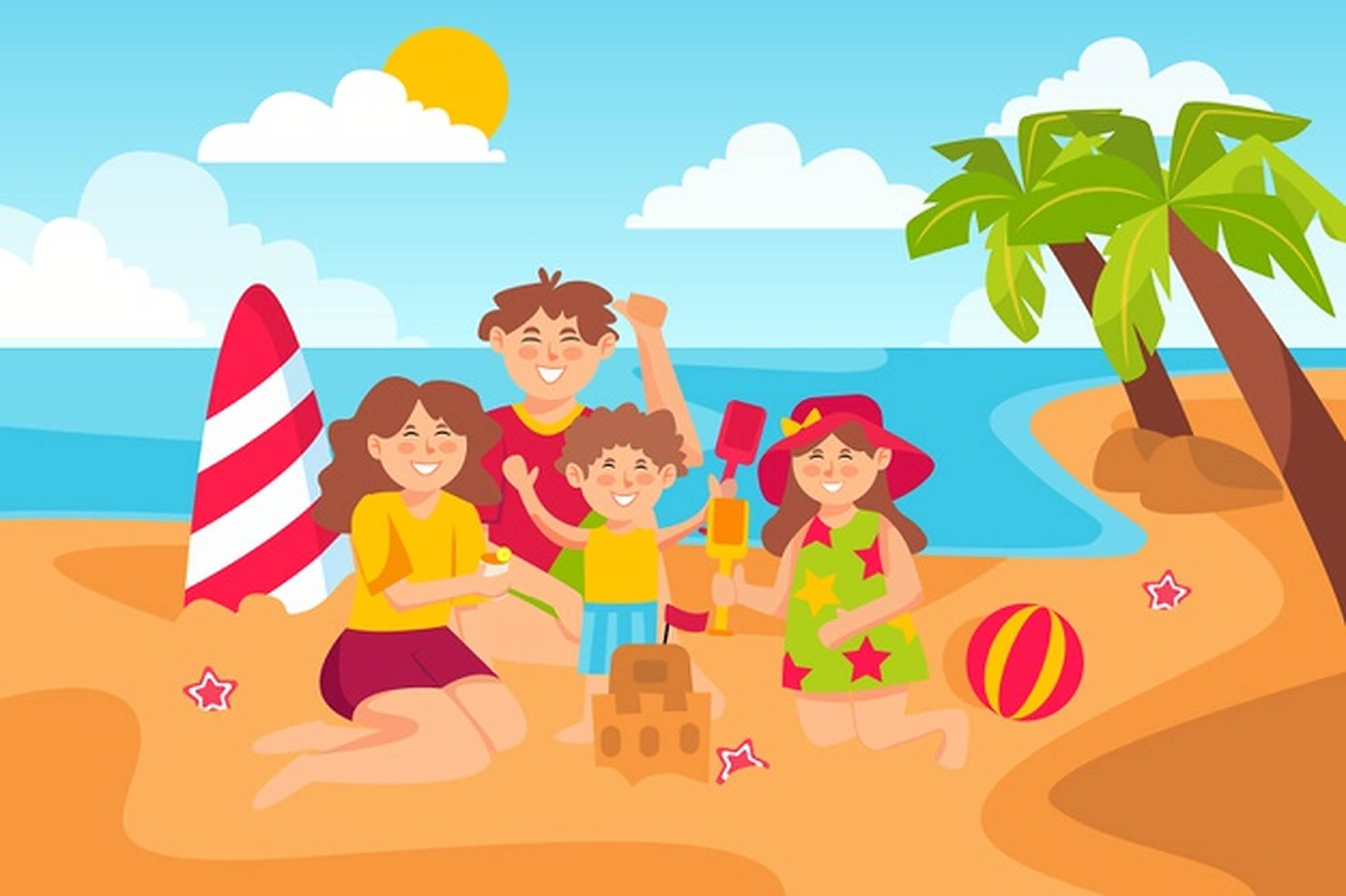 Beach Vacation 桌布 壁紙 — 一個快樂的卡通家庭在陽光明媚的海灘上玩耍，附近有棕櫚樹和衝浪板。