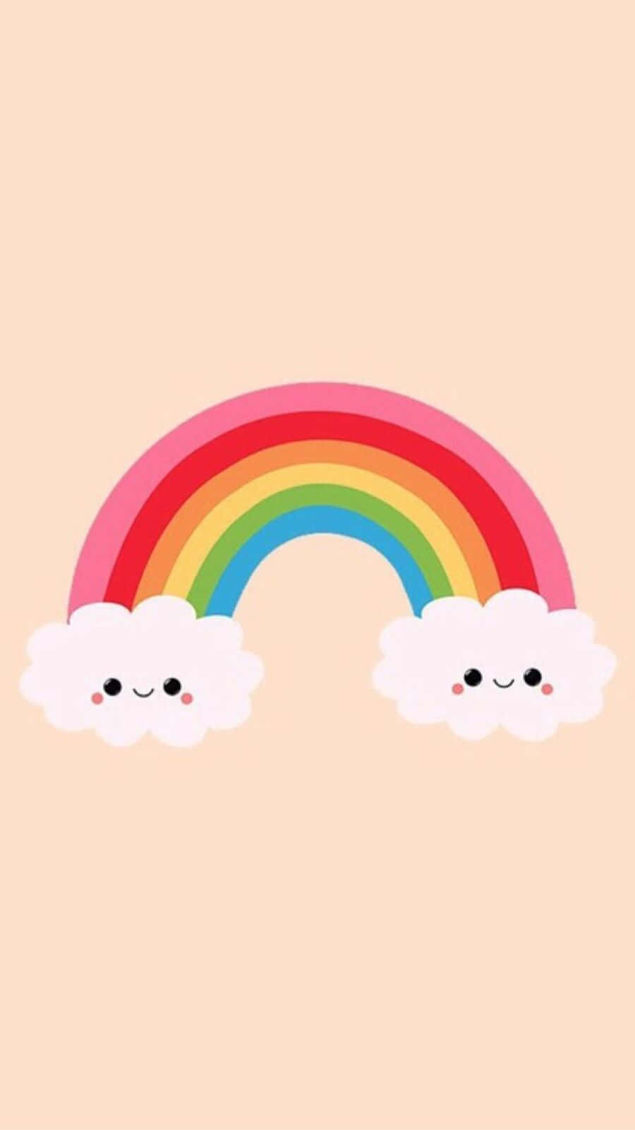 Kawaii Rainbow 桌布 壁紙 — 一個快樂的卡通彩虹，兩端有微笑的雲朵，背景是柔和的桃色。