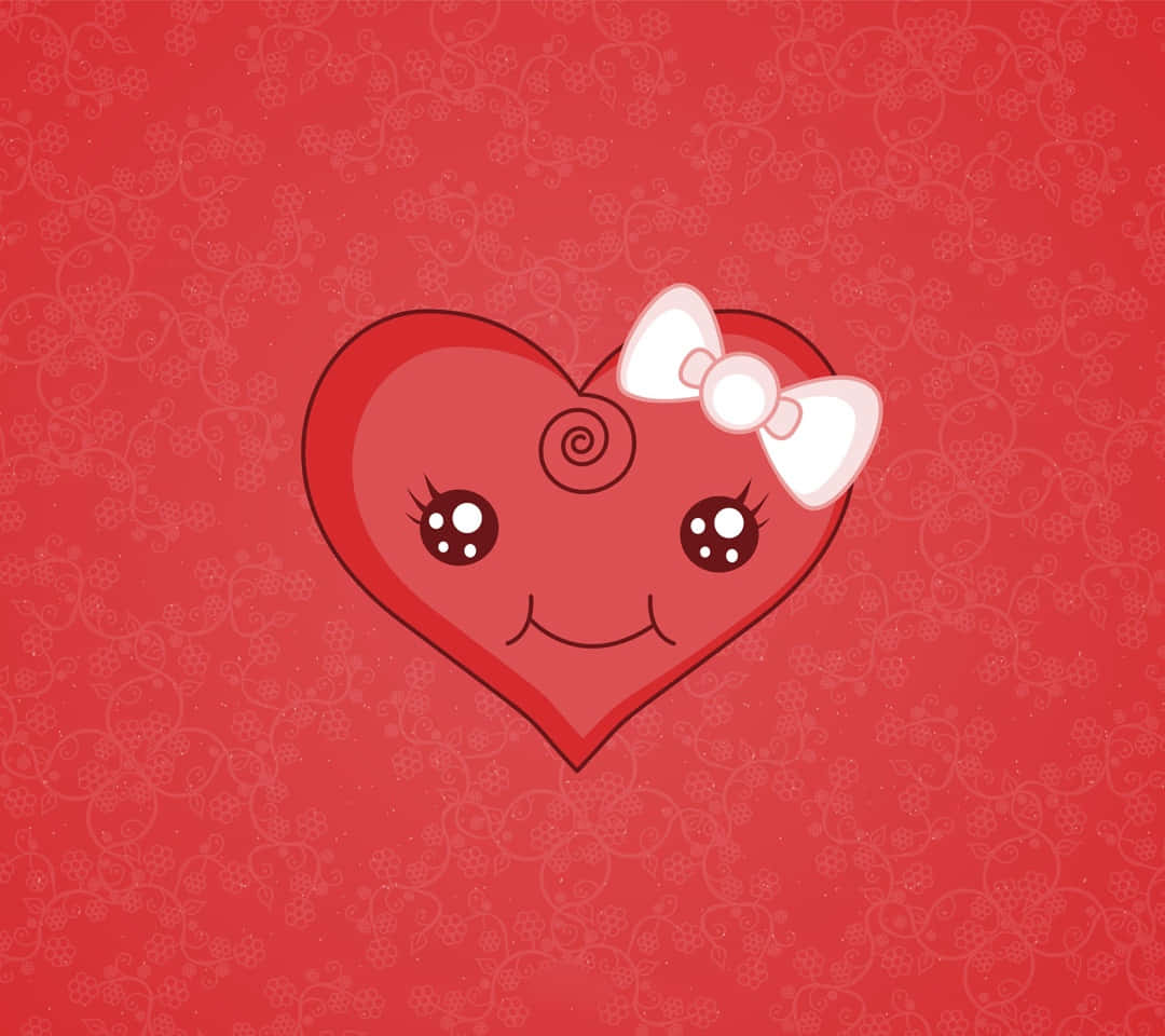 Cartoon Heart 桌布 壁紙 — 一個快樂的卡通心形，有大眼睛和白色蝴蝶結，在紅色花卉圖案背景上微笑。