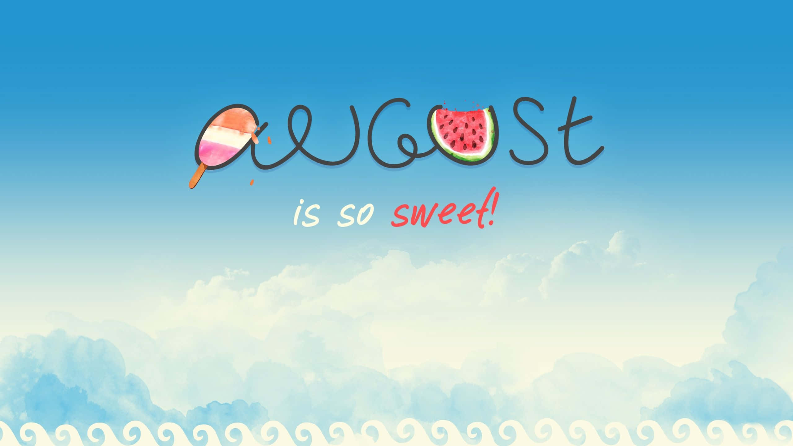 August 桌布 壁紙 — 一個快樂的卡通插圖，顯示「August」這個詞，其中冰棒和西瓜取代了字母，背景是明亮的藍天和蓬鬆的雲朵。