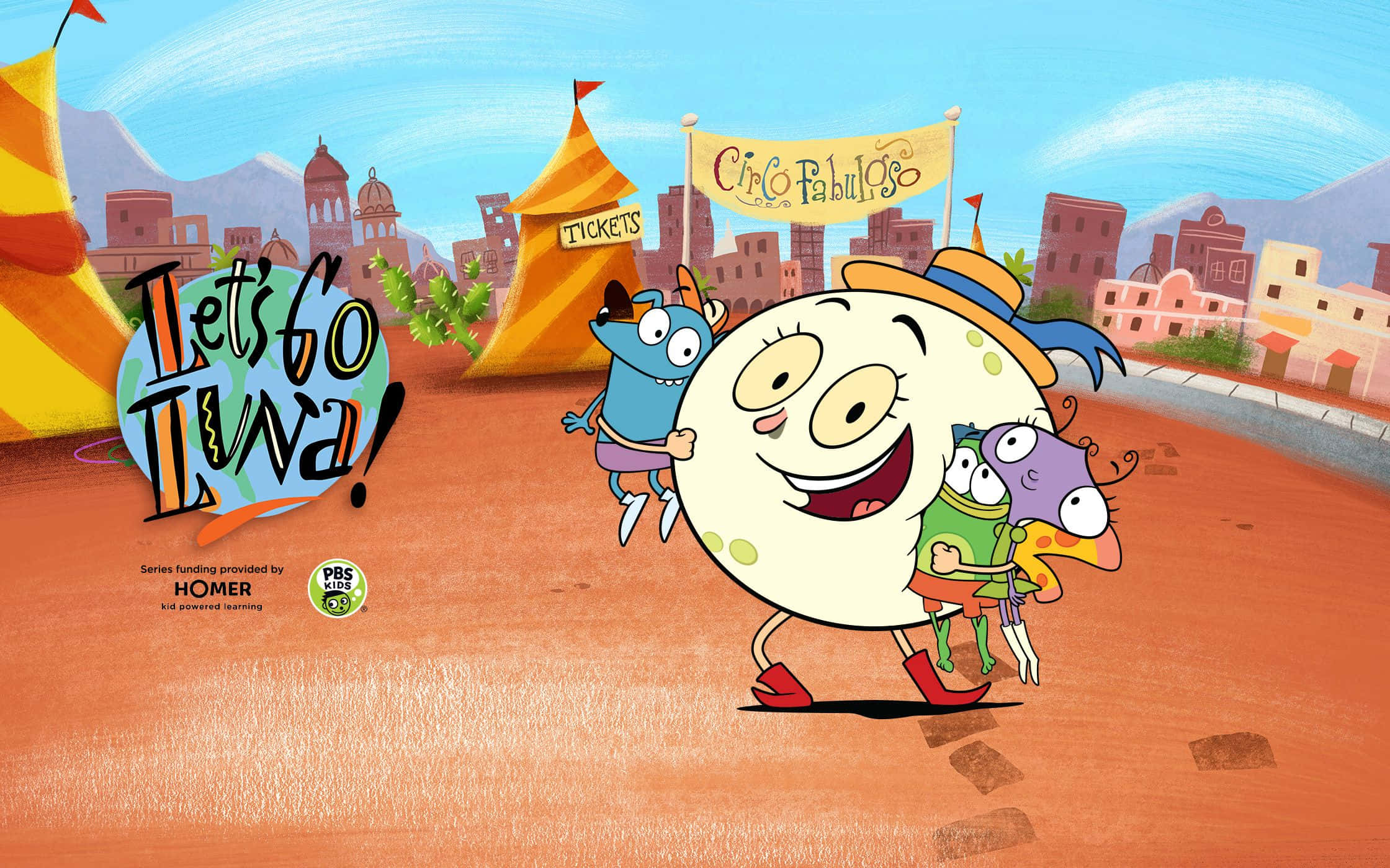 Pbs Kids 桌布 壁紙 — 一個快樂的卡通月亮角色，穿著紅色鞋子和帽子，在明亮的藍天下，與兩個小外星朋友在寫有 'Circ Fabuloso' 的馬戲團帳篷前快樂地行走。