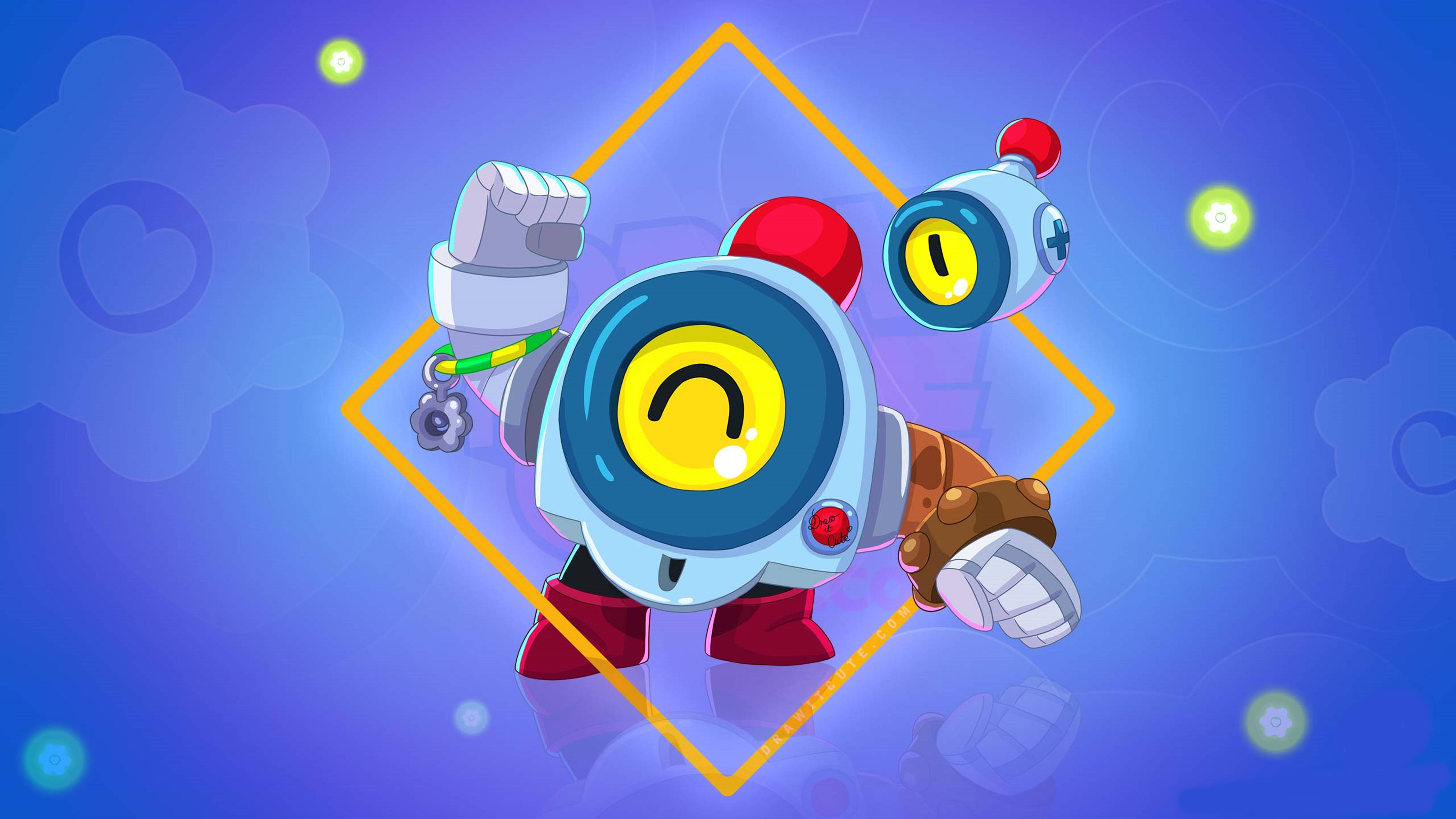 Brawl Stars 桌布 壁紙 — 一個快樂的卡通機械人，有著黃色笑臉和紅色靴子，站在發光的黃色鑽石內，背景是紫色，有漂浮的心形和燈光。