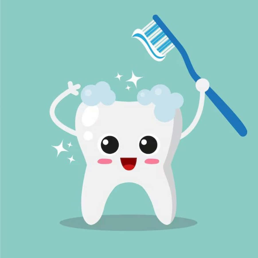 Tooth 桌布 壁紙 — 一個快樂的卡通牙齒，頭上有肥皂泡，在青綠色背景上用藍色牙刷開心地刷牙。