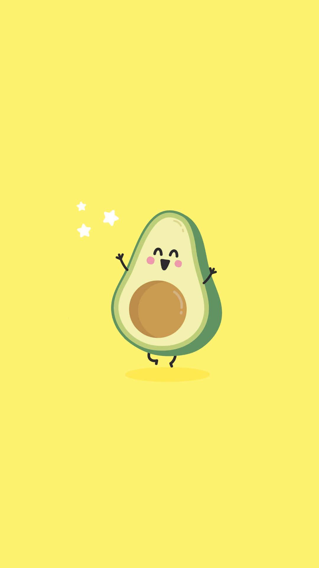 Avocado 桌布 壁紙 — 一個快樂的卡通牛油果，有手臂、腿和星星，在明亮的黃色背景上開心地跳舞。