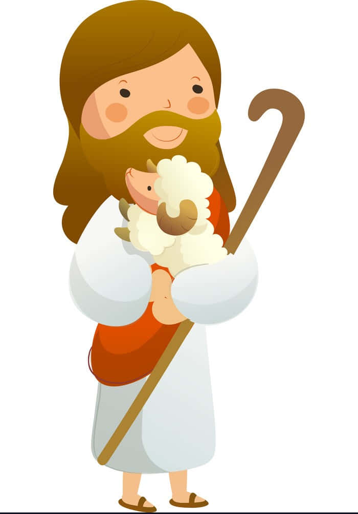 Jesus With Sheep 桌布 壁紙 — 一個快樂的卡通耶穌留著鬍鬚，溫柔地懷抱一隻羔羊和牧羊杖。