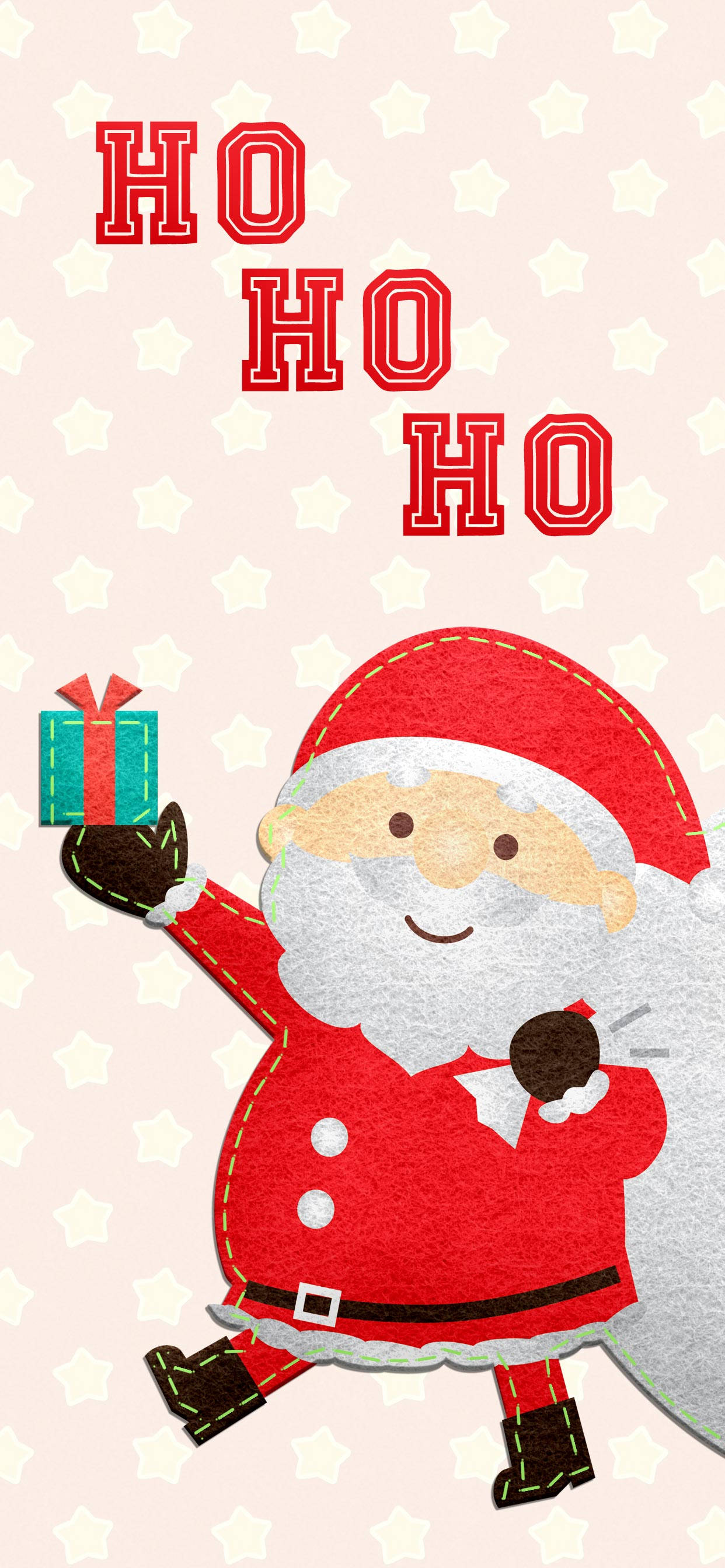 Santa Claus 桌布 壁紙 — 一個快樂的卡通聖誕老人，在粉紅色背景上拿著禮物，背景有白色星星和紅色「HO HO HO」文字。