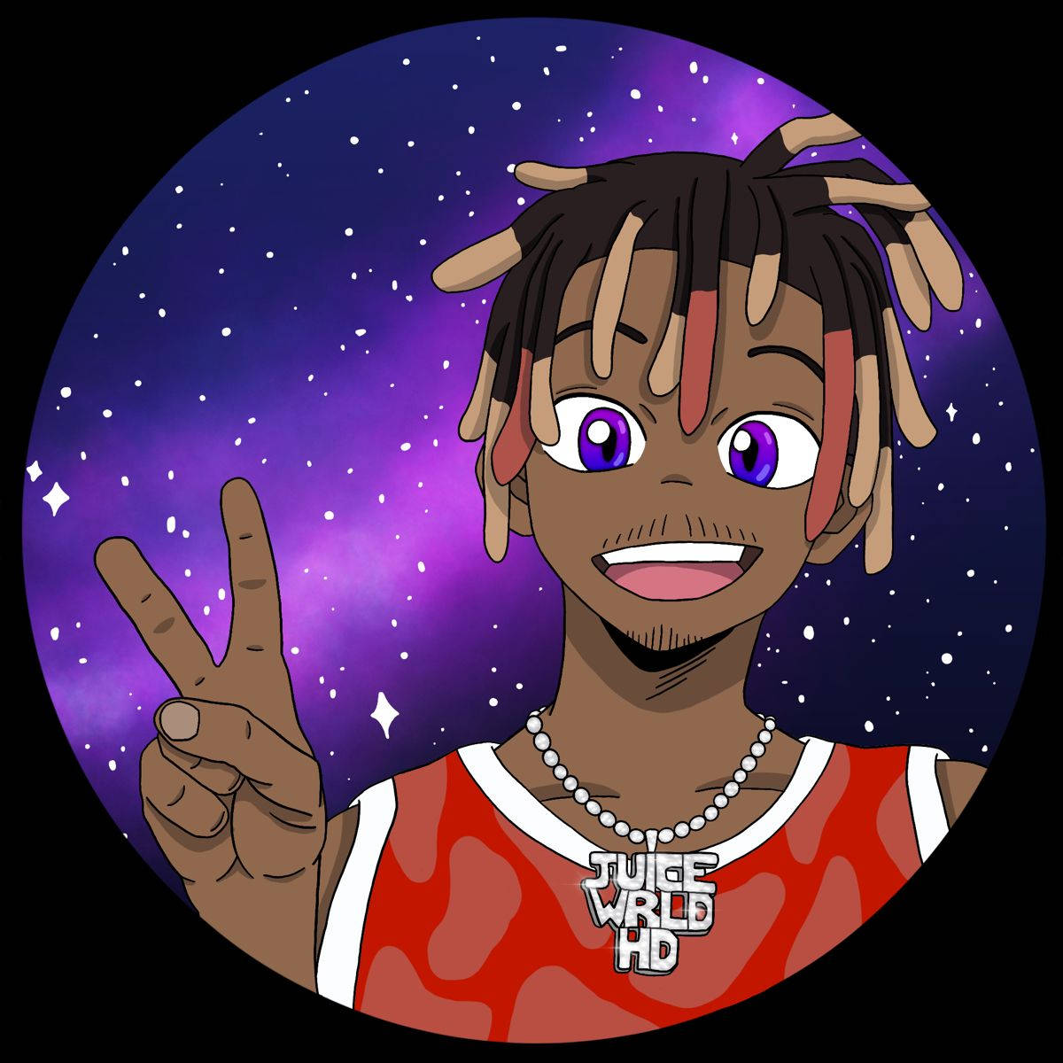 嘻哈 桌布 壁紙 — 一個快樂的卡通肖像，Juice WRLD 微笑並做出和平手勢，背景是充滿活力的紫色星空。