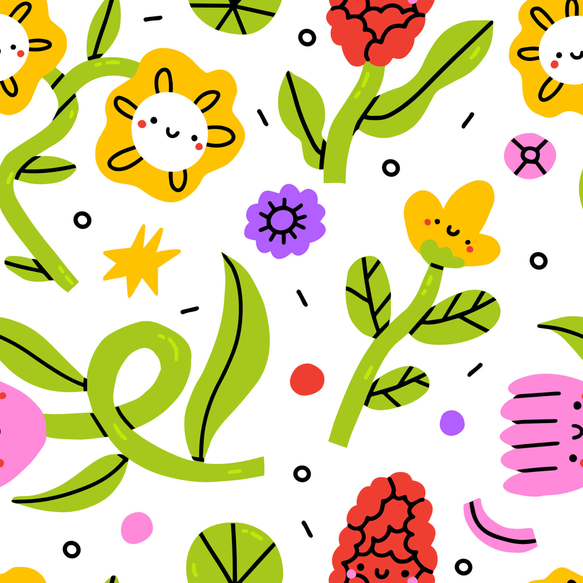 Kawaii Art 桌布 壁紙 — 一個快樂的卡通花朵圖案，帶有笑臉和粗線條，背景為白色。