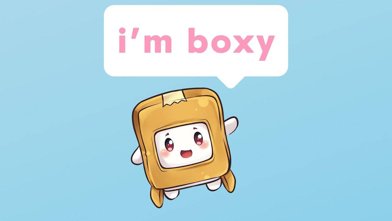 Lankybox 桌布 壁紙 — 一個快樂的卡通角色，形狀像一個金色的盒子，帶著笑臉，在淺藍色背景上漂浮，說著我係boxy。