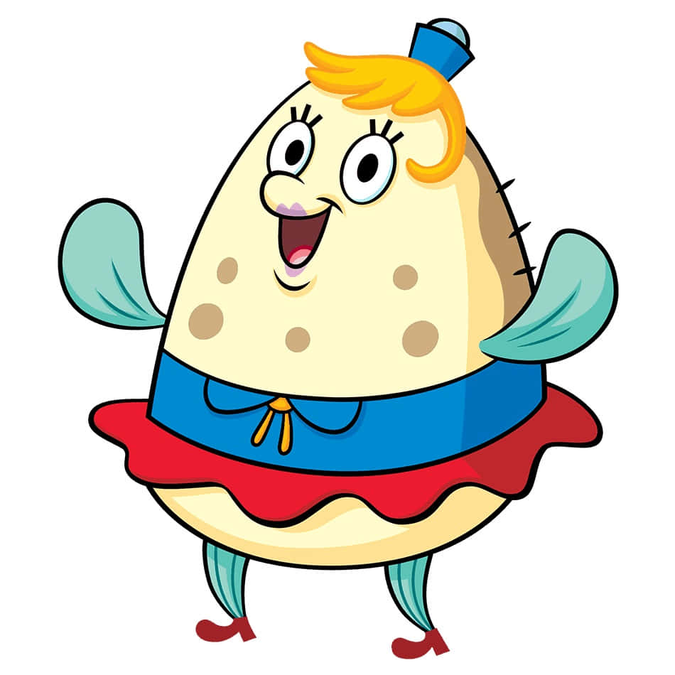 Mrs Puff 桌布 壁紙 — 一個快樂的卡通角色，形狀像煎蛋，有金髮、藍色蝴蝶結、紅色裙子和藍綠色翅膀，笑容燦爛。