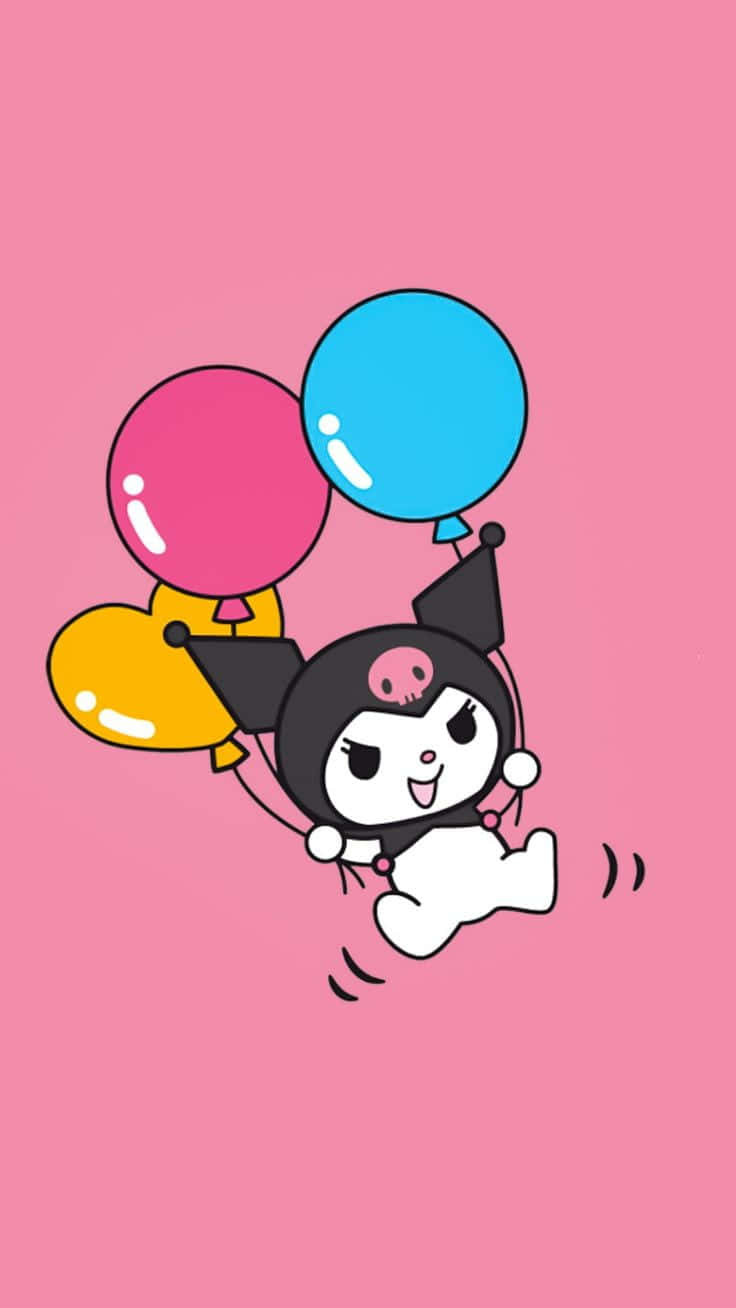 Kuromi Aesthetic 桌布 壁紙 — 一個快樂的卡通角色，有黑色耳朵和粉紅色鼻子，愉快地漂浮著，手持三個彩色氣球，背景是純粉紅色。