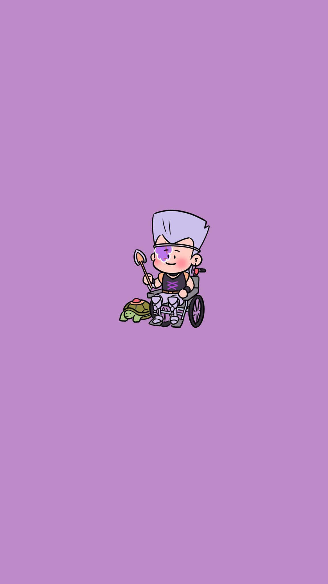 Jojo Meme 桌布 壁紙 — 一個快樂的卡通角色，紫色頭髮和眼鏡，坐在輪椅上，拿著湯匙，旁邊有一隻烏龜，背景是純薰衣草色。