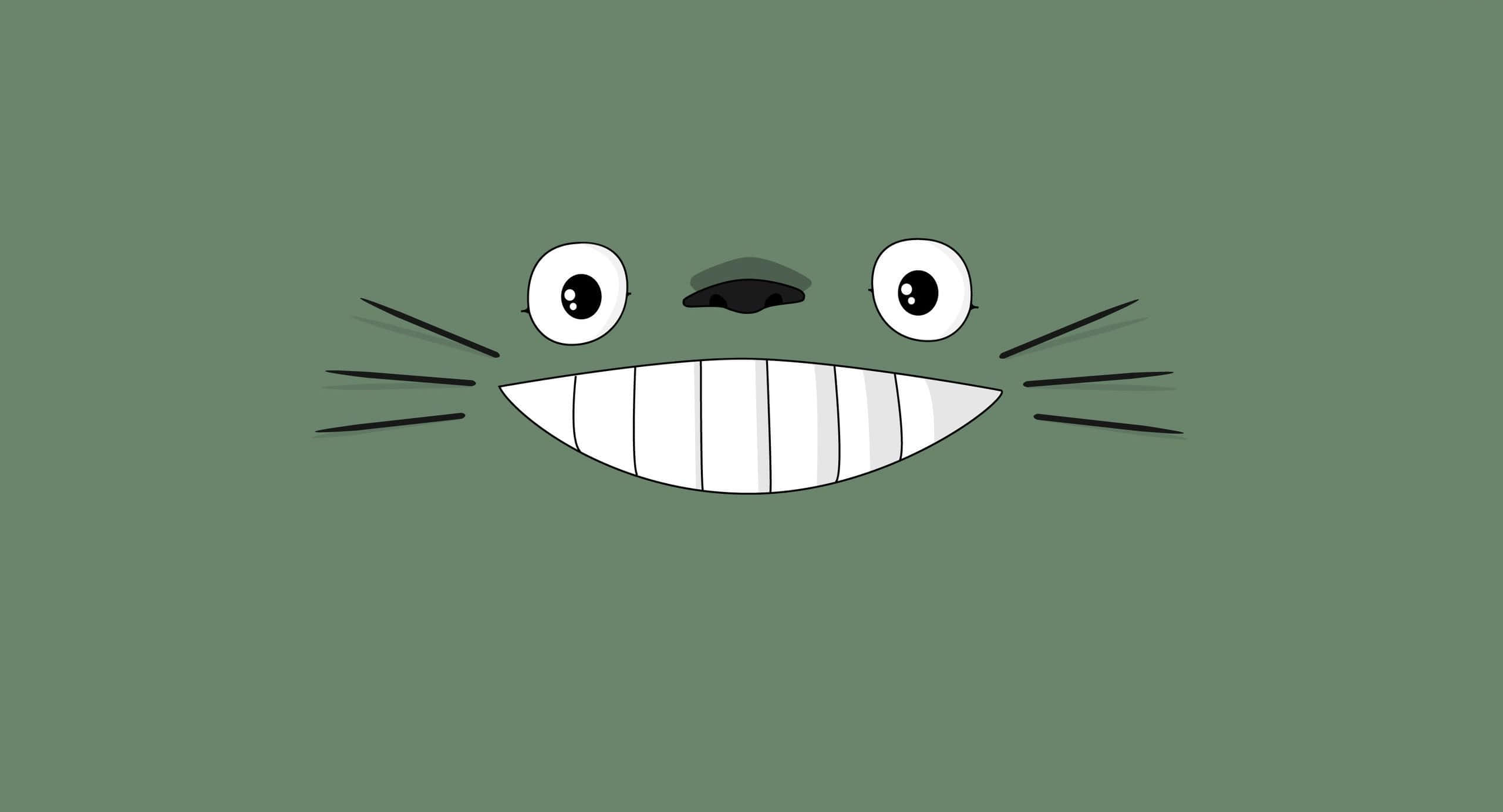 my neighbor totoro 桌布 壁紙 — 一個快樂的卡通貓臉，有大眼睛和露齒的笑容，在純綠色背景上。