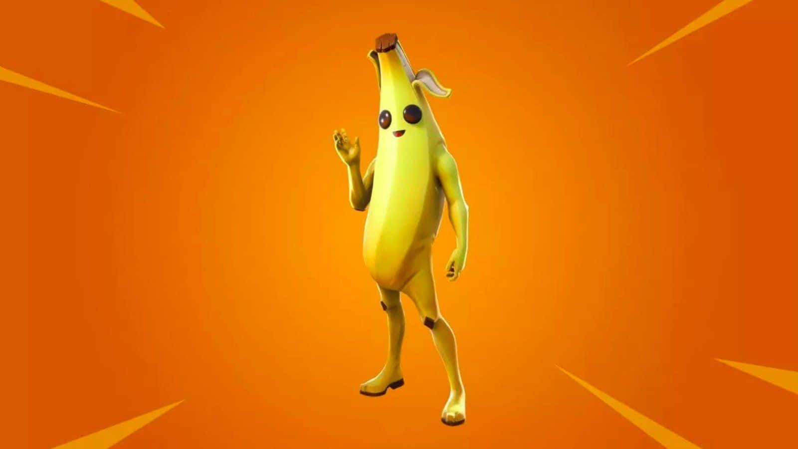 Peely Fortnite 桌布 壁紙 — 一個快樂的卡通香蕉角色，有著凸眼和微笑，在充滿活力的橙色背景上揮手，帶有黃色光線。