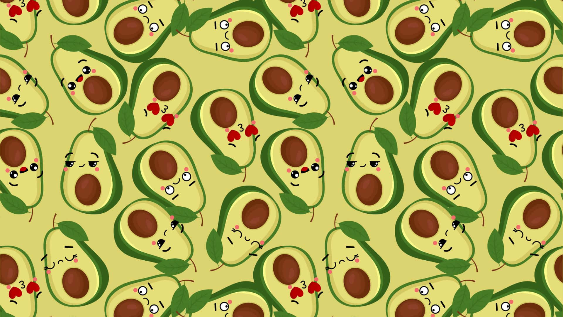 Cute Avocado 桌布 壁紙 — 一個快樂的圖案，由卡通牛油果半邊配上可愛臉孔和櫻桃親吻，在淡綠色背景上。