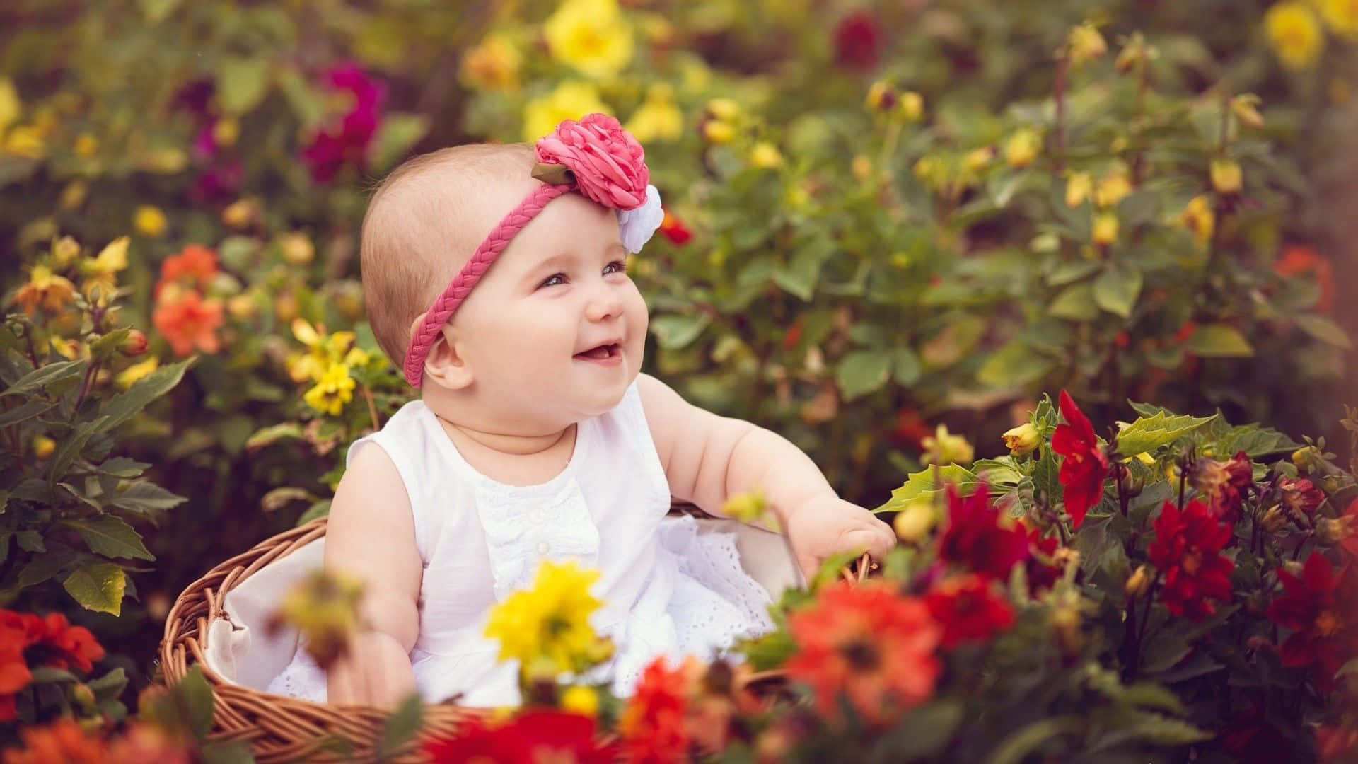 Baby Girl 桌布 壁紙 — 一個快樂的女嬰穿著白色連衣裙和粉紅色頭帶，坐在一個被色彩繽紛的花朵包圍的柳條籃子裡微笑。