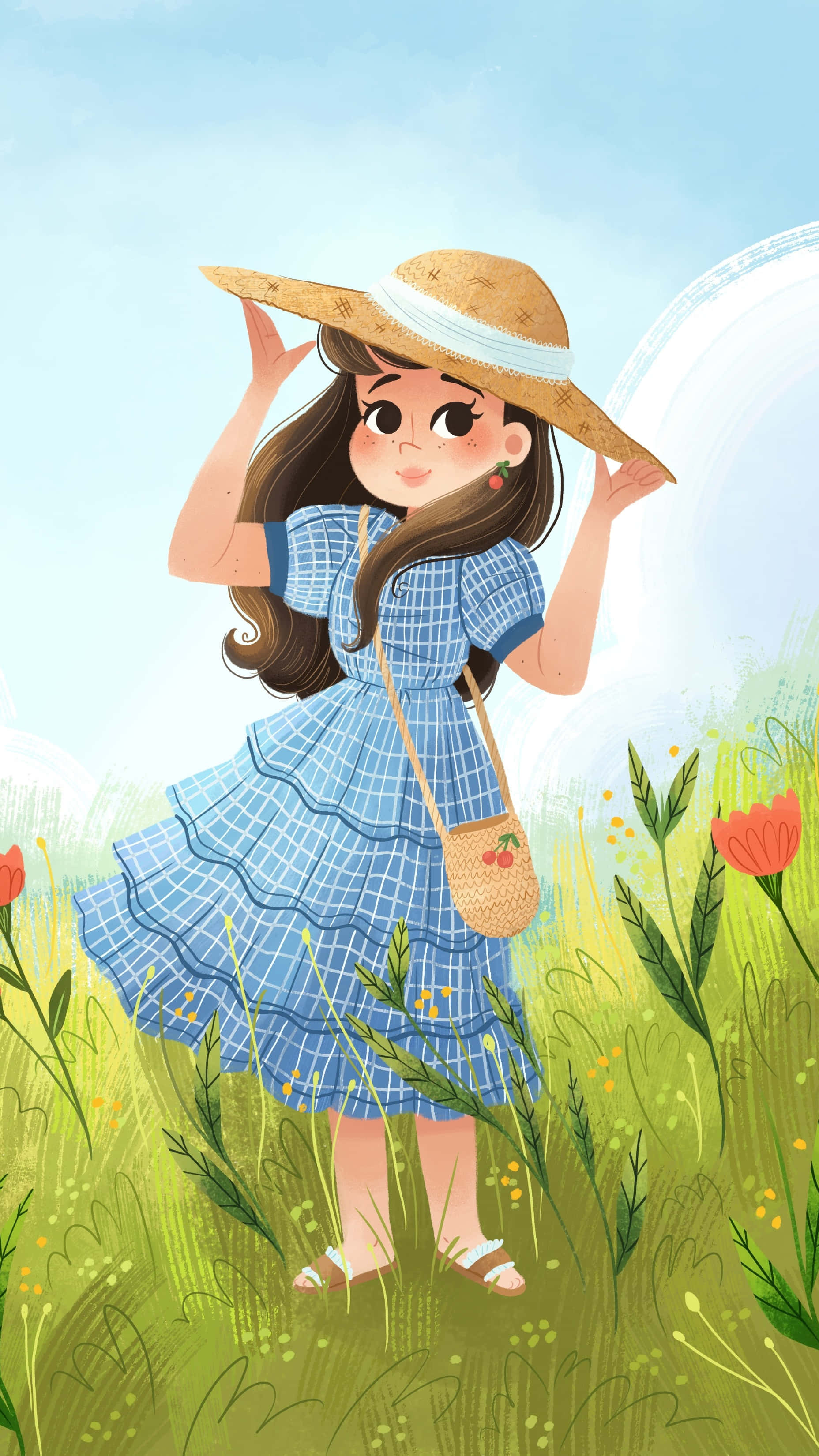 Kawaii Cartoon 桌布 壁紙 — 一個快樂的女孩，身穿藍色格仔連衣裙和草帽，赤腳站在陽光明媚的草地上，草地上有紅色的罌粟花和高高的草。