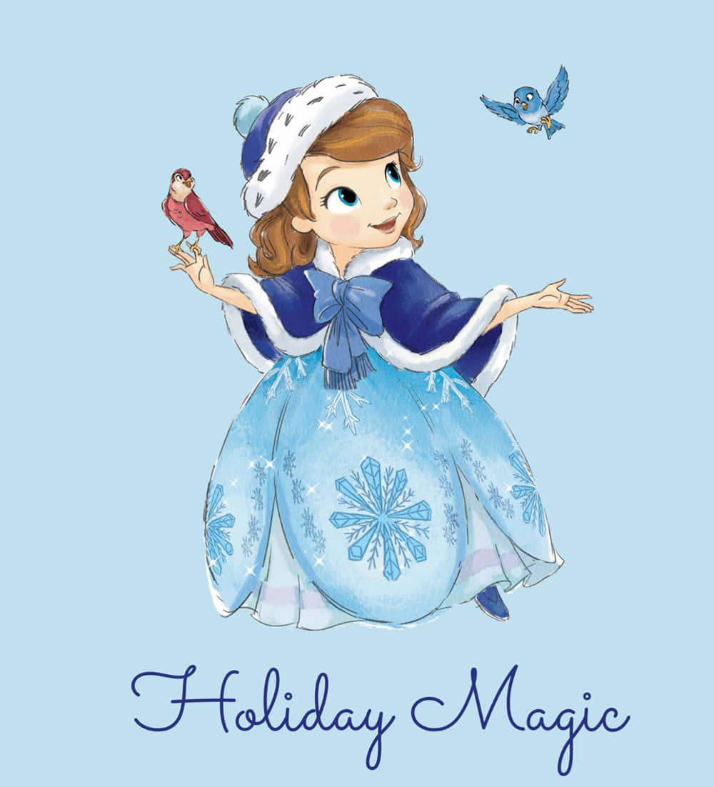 Sofia The First 桌布 壁紙 — 一個快樂的女孩穿著藍色雪花裙和冬帽，抱著一隻紅鳥，而一隻藍鳥在淺藍色背景附近飛翔。