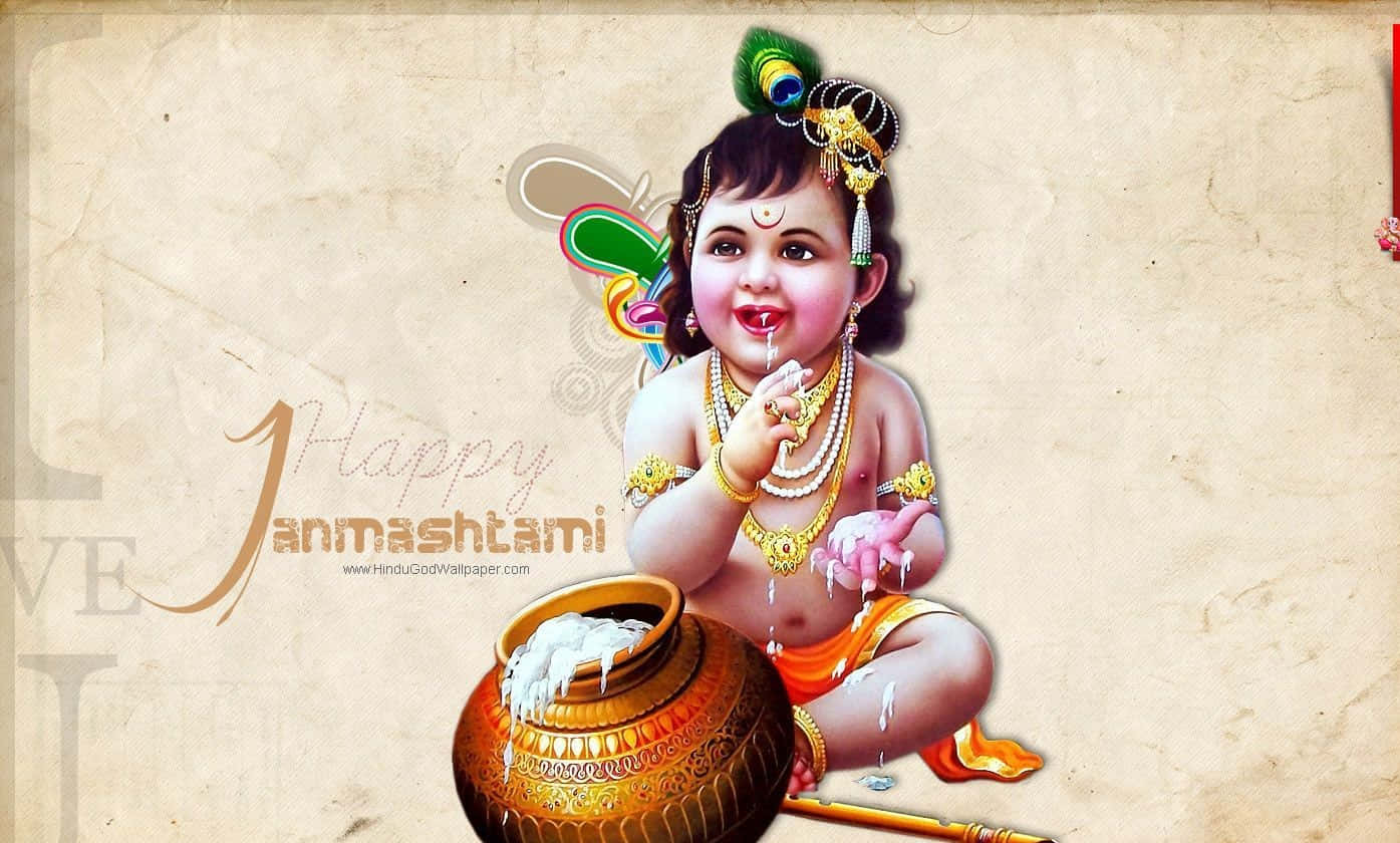 Krishna Janmashtami 桌布 壁紙 — 一個快樂的插圖嬰兒克里希納，戴著孔雀羽毛皇冠和金飾，坐在一個裝飾過的罐子旁邊，牛奶從他的手指滴下。