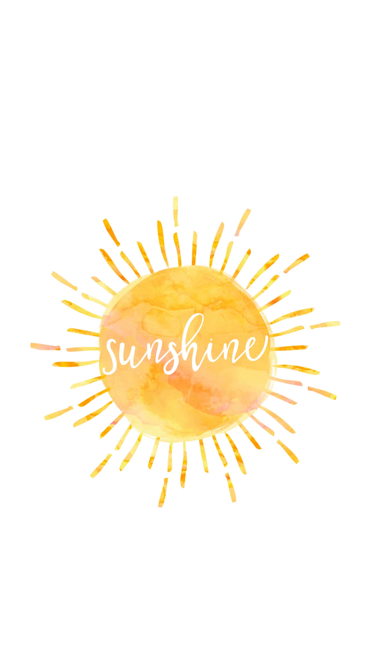Yellow Summer 桌布 壁紙 — 一個快樂的水彩太陽，帶有放射光線，在乾淨的白色背景上以白色草書寫著sunshine這個詞。