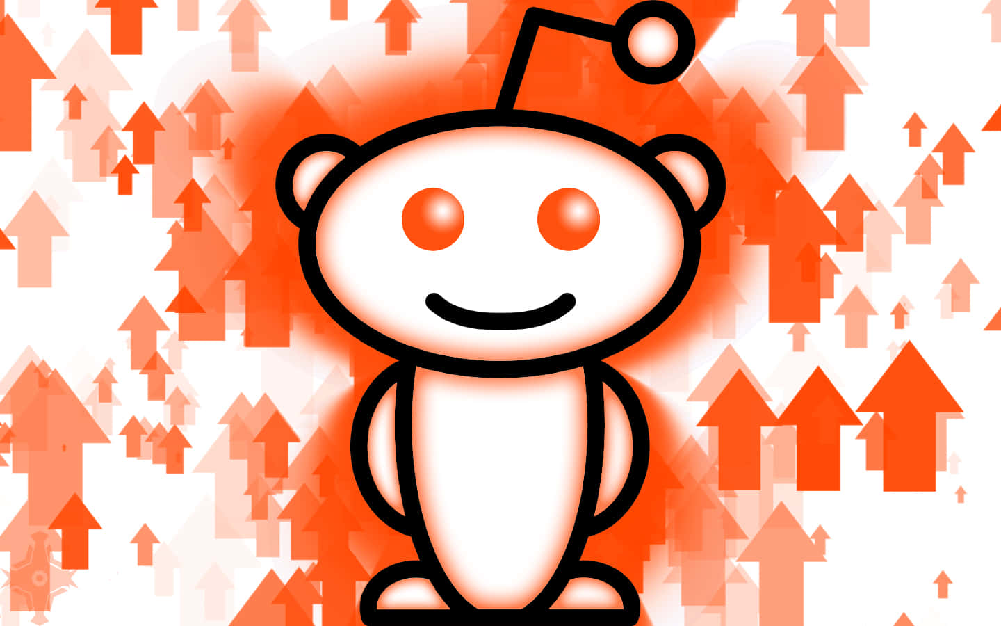 reddit 桌布 壁紙 — 一個快樂的白色 Reddit 外星人吉祥物站在充滿向上箭頭的鮮豔橙色背景中央。