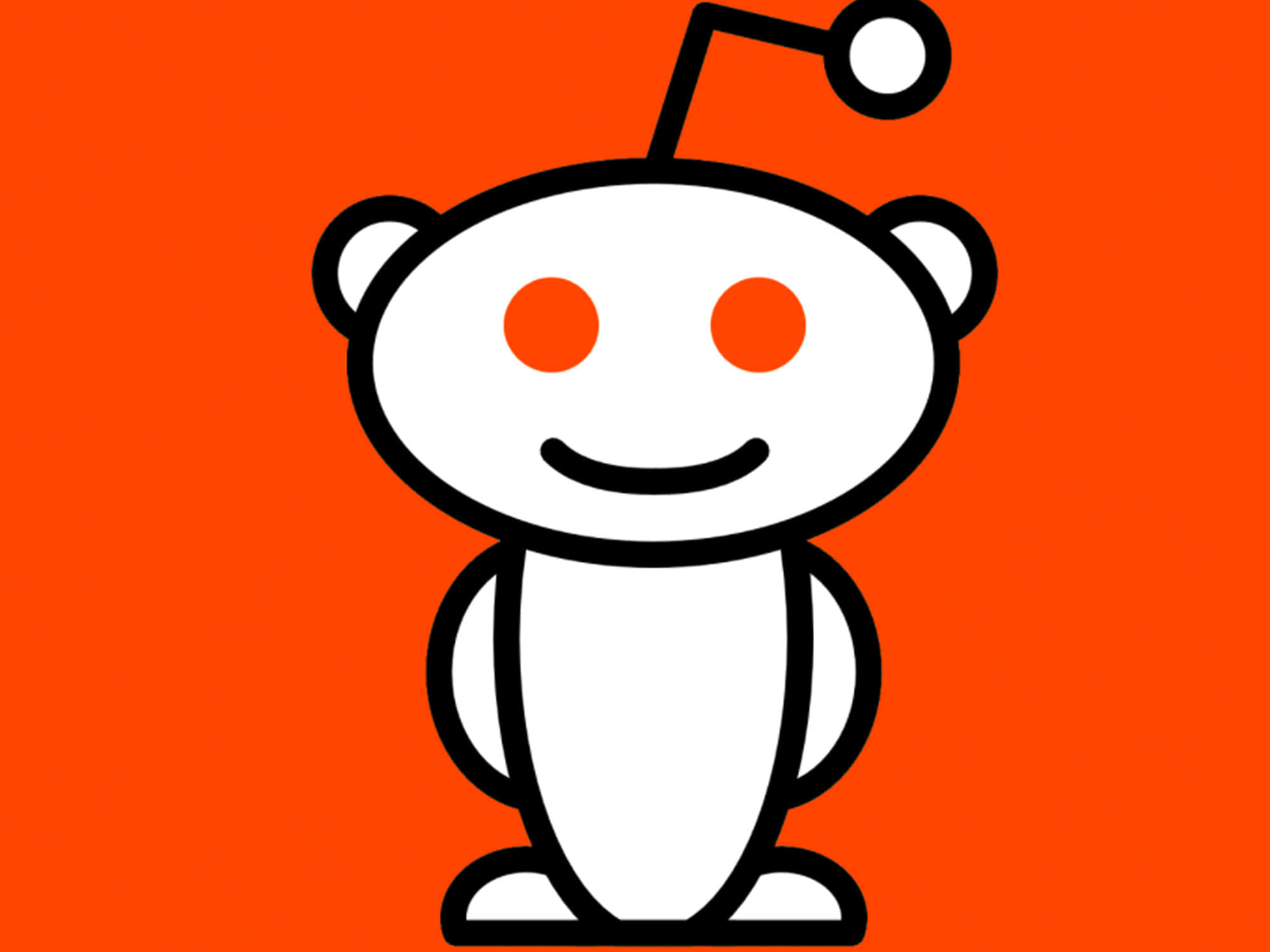 reddit 桌布 壁紙 — 一個快樂的白色卡通外星人，擁有橙色眼睛和天線，站在純橙色背景前。
