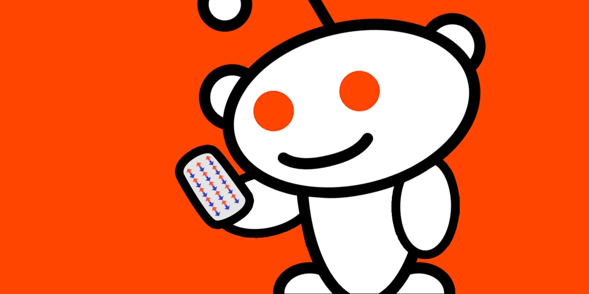 reddit 桌布 壁紙 — 一個快樂的白色卡通外星人，有橙色眼睛，在純橙色背景上拿著遙控器。