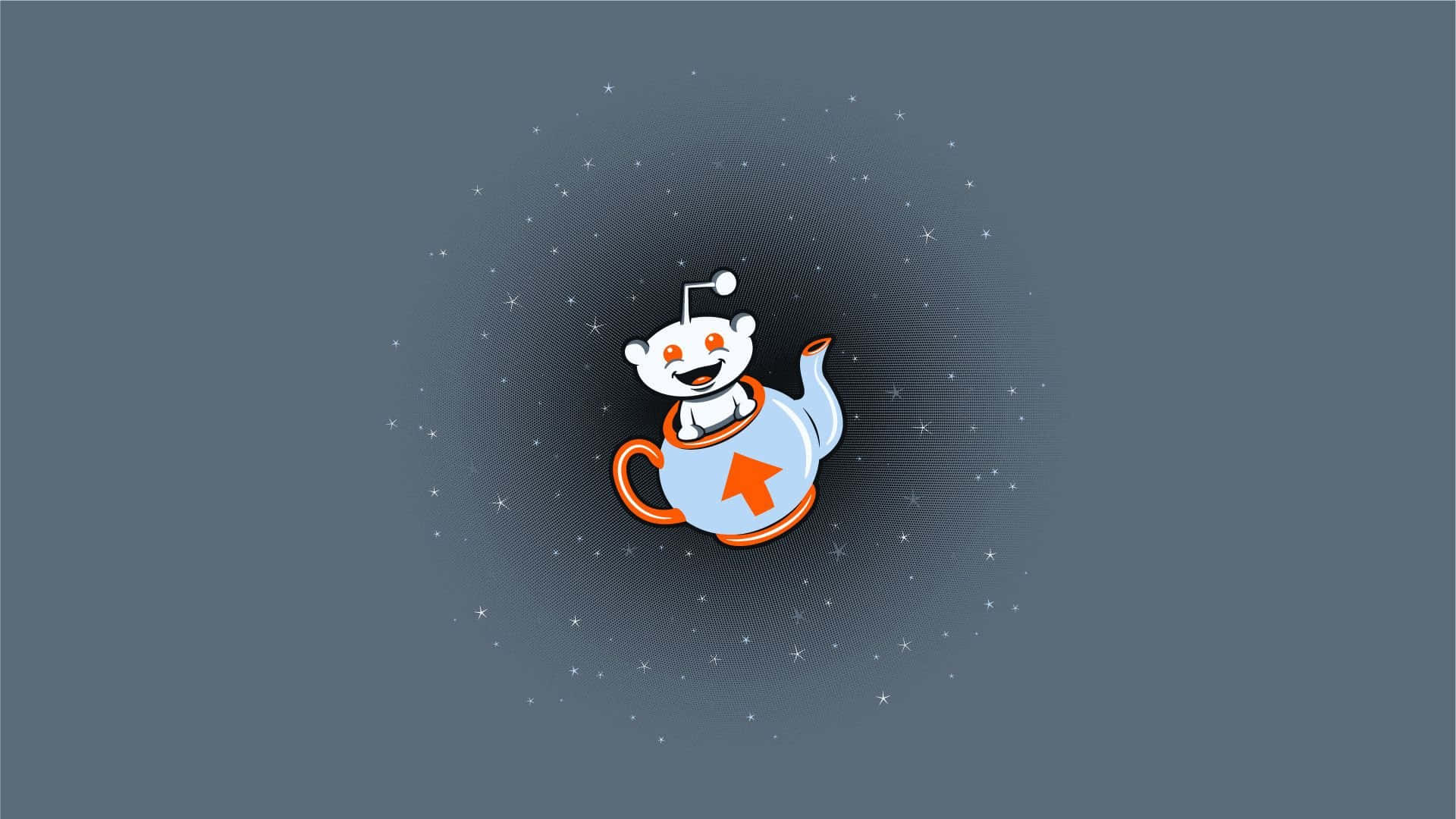 reddit 桌布 壁紙 — 一個快樂的白色卡通機械人帶有天線，坐在一個淺藍色茶壺內，壺有橙色手柄和箭頭，在深灰色背景上漂浮於閃爍的星星之間。