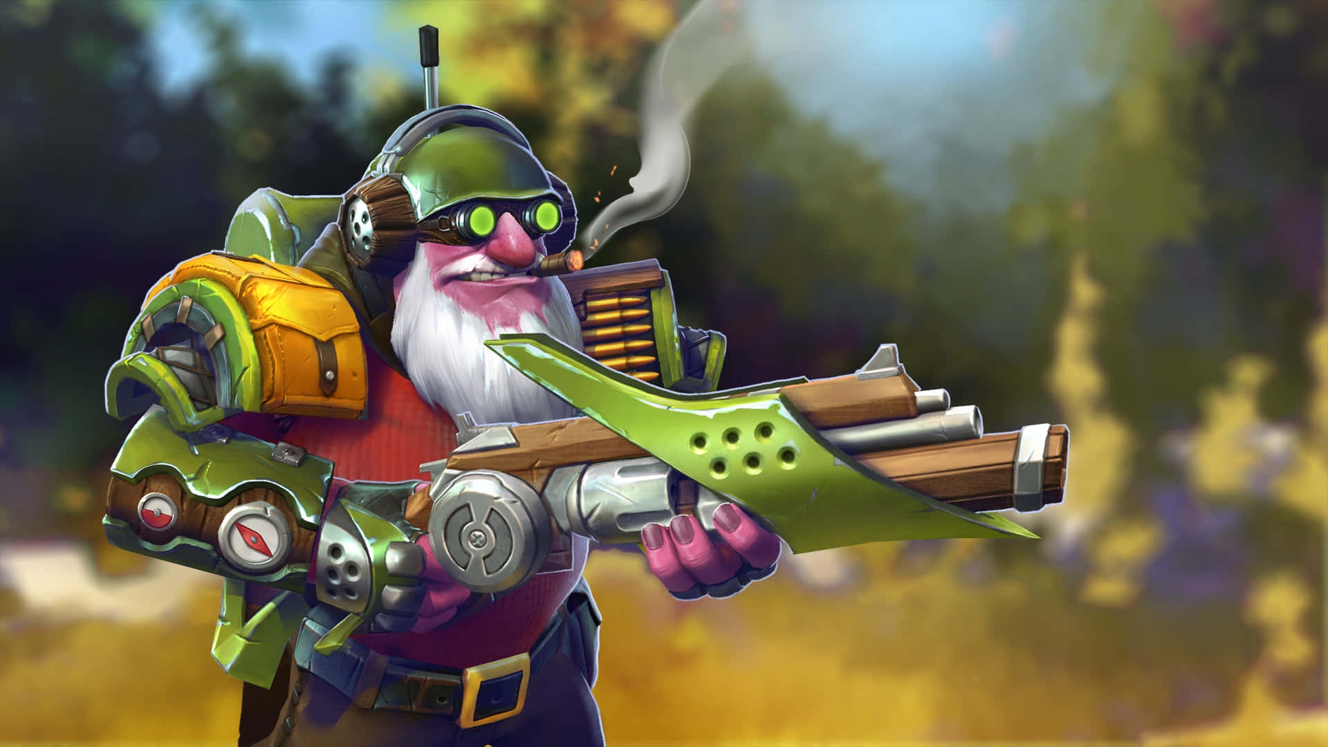 Dota 2 Sniper 桌布 壁紙 — 一個快樂的矮人，留著白鬍子，戴著綠色護目鏡，在模糊的森林背景中揮舞著蒸氣龐克大砲。