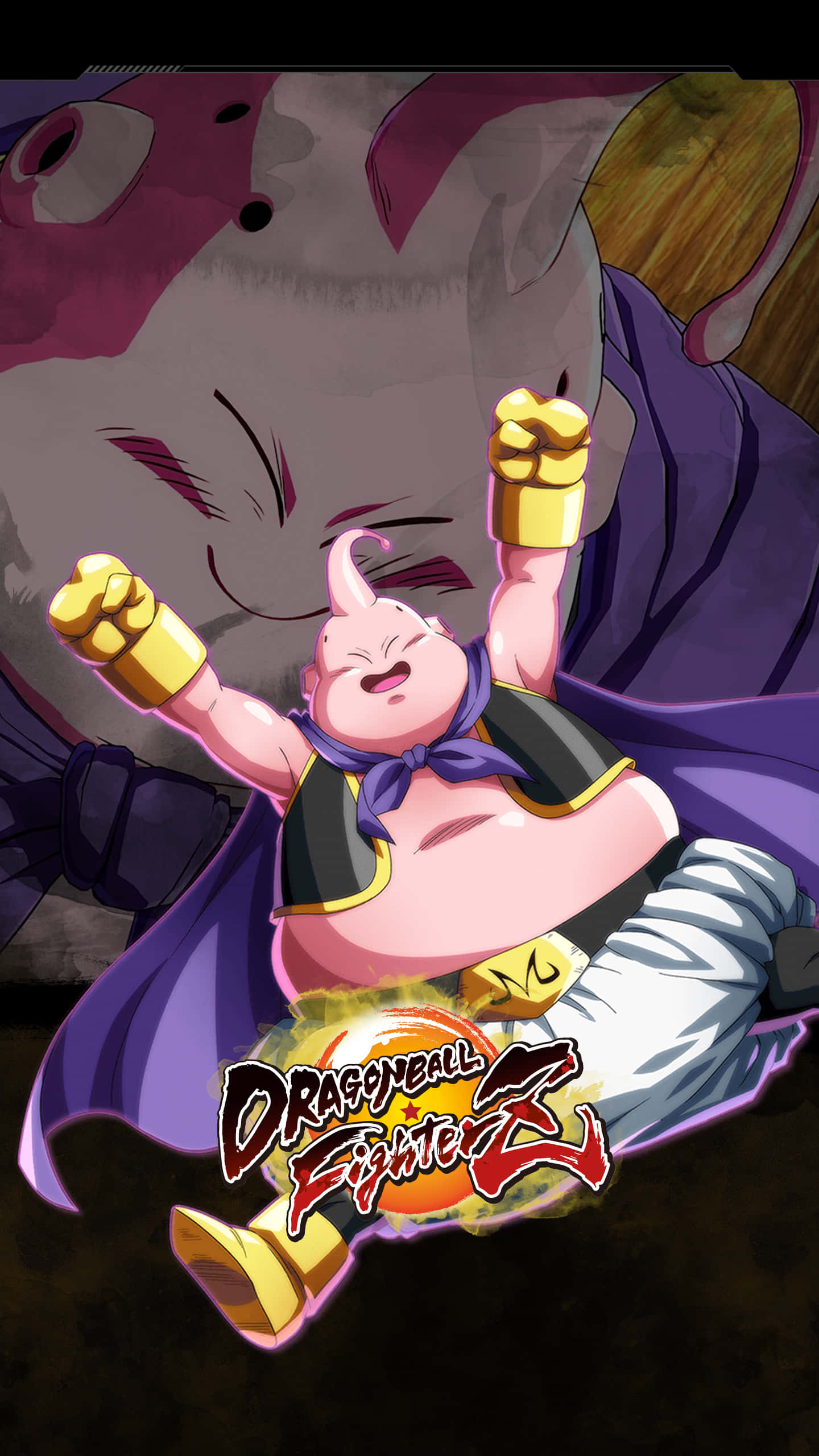 Buu 桌布 壁紙 — 一個快樂的粉紅色動漫角色，擁有金色拳頭和紫色斗篷，在黑暗背景下勝利地慶祝。