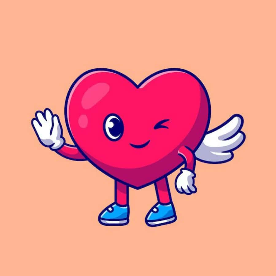 Cartoon Heart 桌布 壁紙 — 一個快樂的粉紅色心形角色，帶有翅膀和藍色鞋子，在柔和的桃色背景上愉快地揮手。