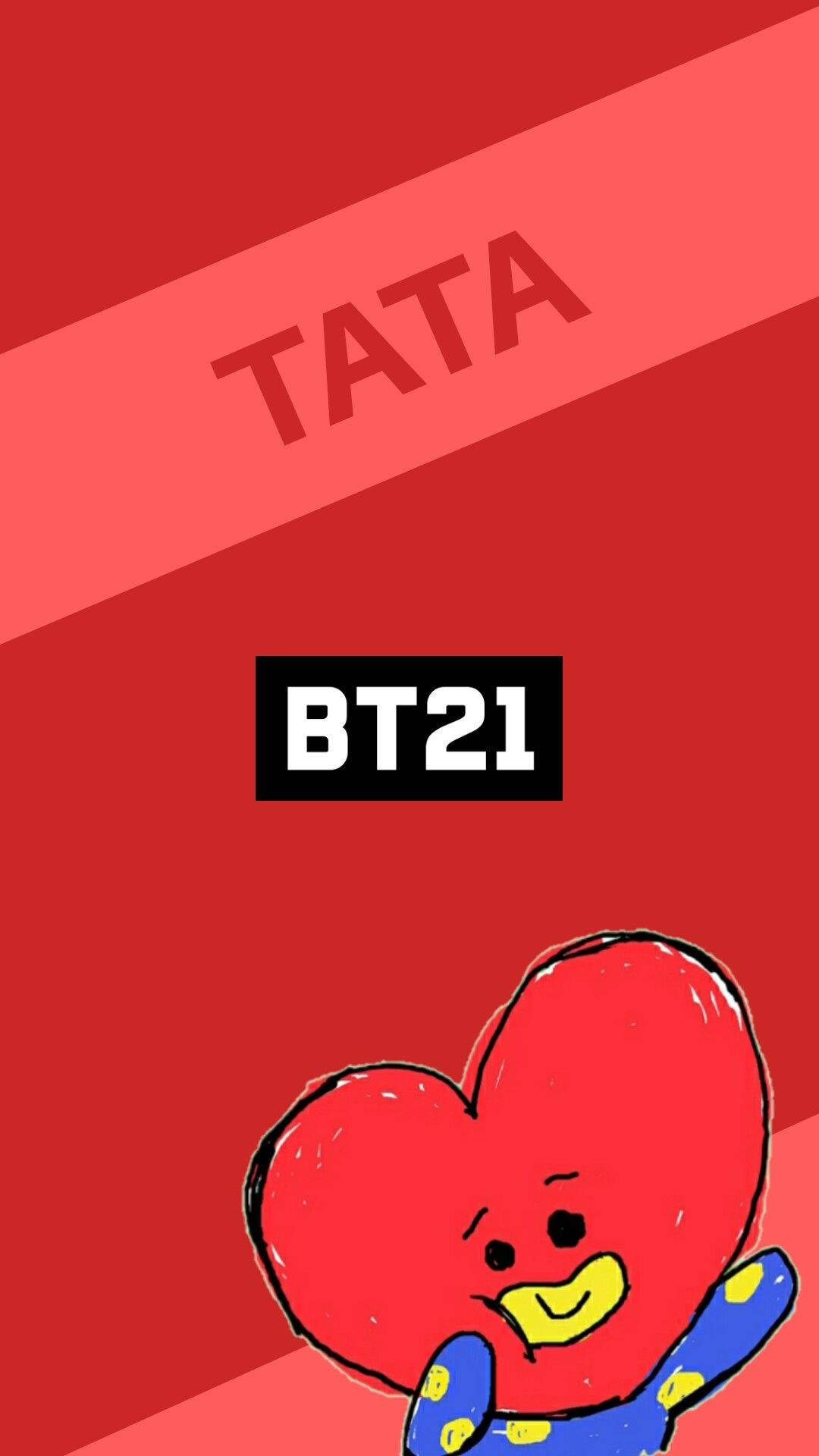 BT21 Tata Dab 壁紙 — 一個快樂的紅色心形BT21角色微笑著，穿著藍色圓點襯衫，背景是漸變紅色，帶有'TATA'和'BT21'文字。