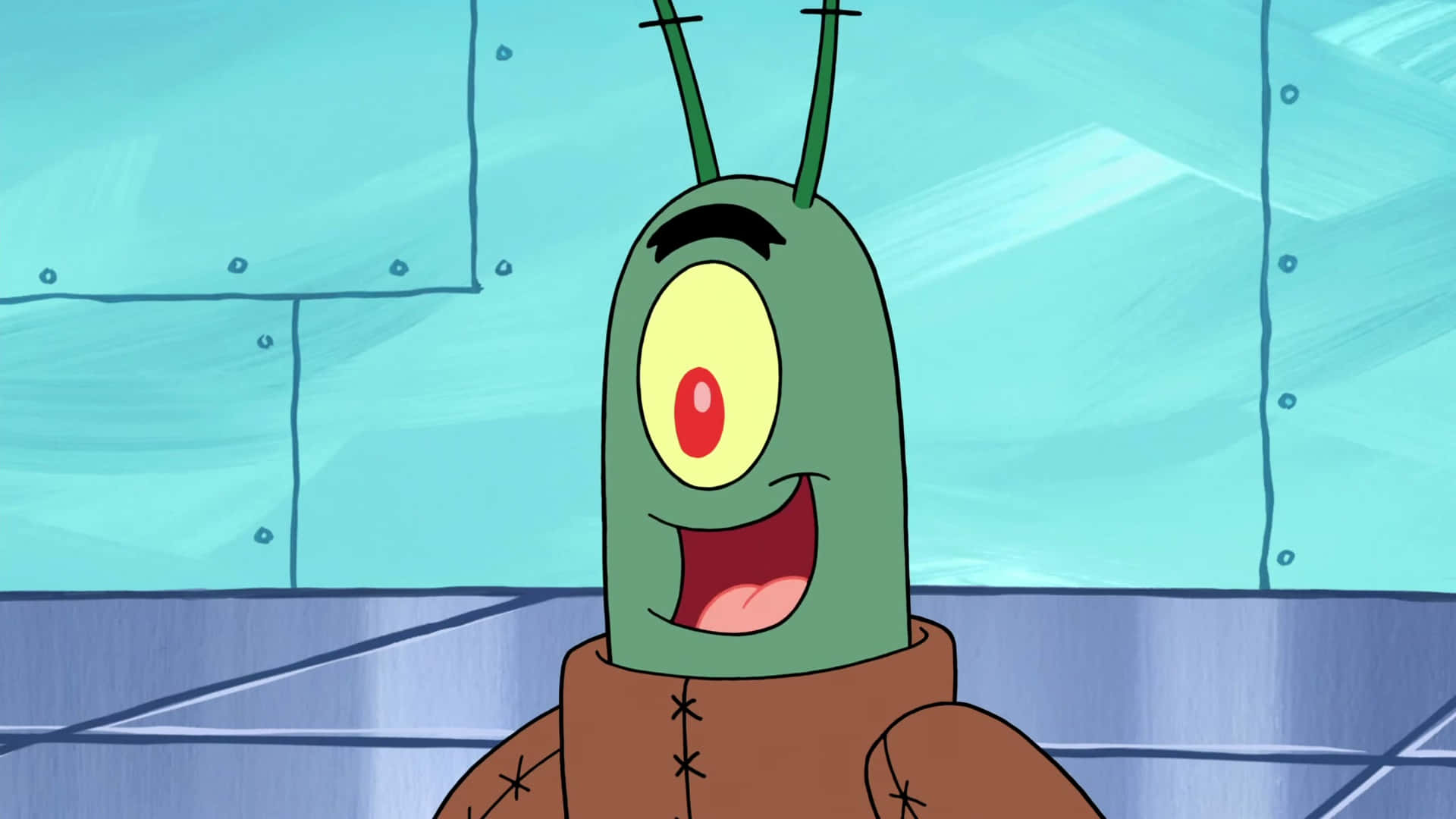 plankton 桌布 壁紙 — 一個快樂的綠色卡通角色，有一隻大眼睛和天線，在青綠色瓷磚背景上燦爛地微笑。
