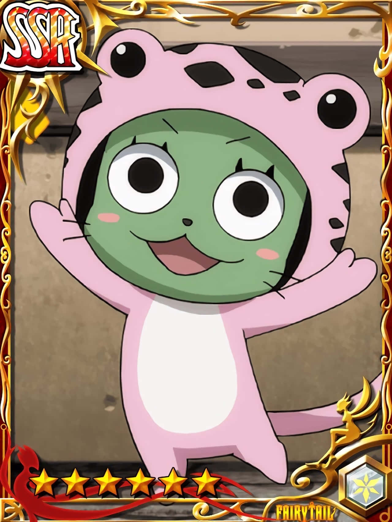 Frosch 桌布 壁紙 — 一個快樂的綠色青蛙風格動漫角色，穿著粉紅色老虎連體衣，在金色華麗的畫框內開心地揮手。