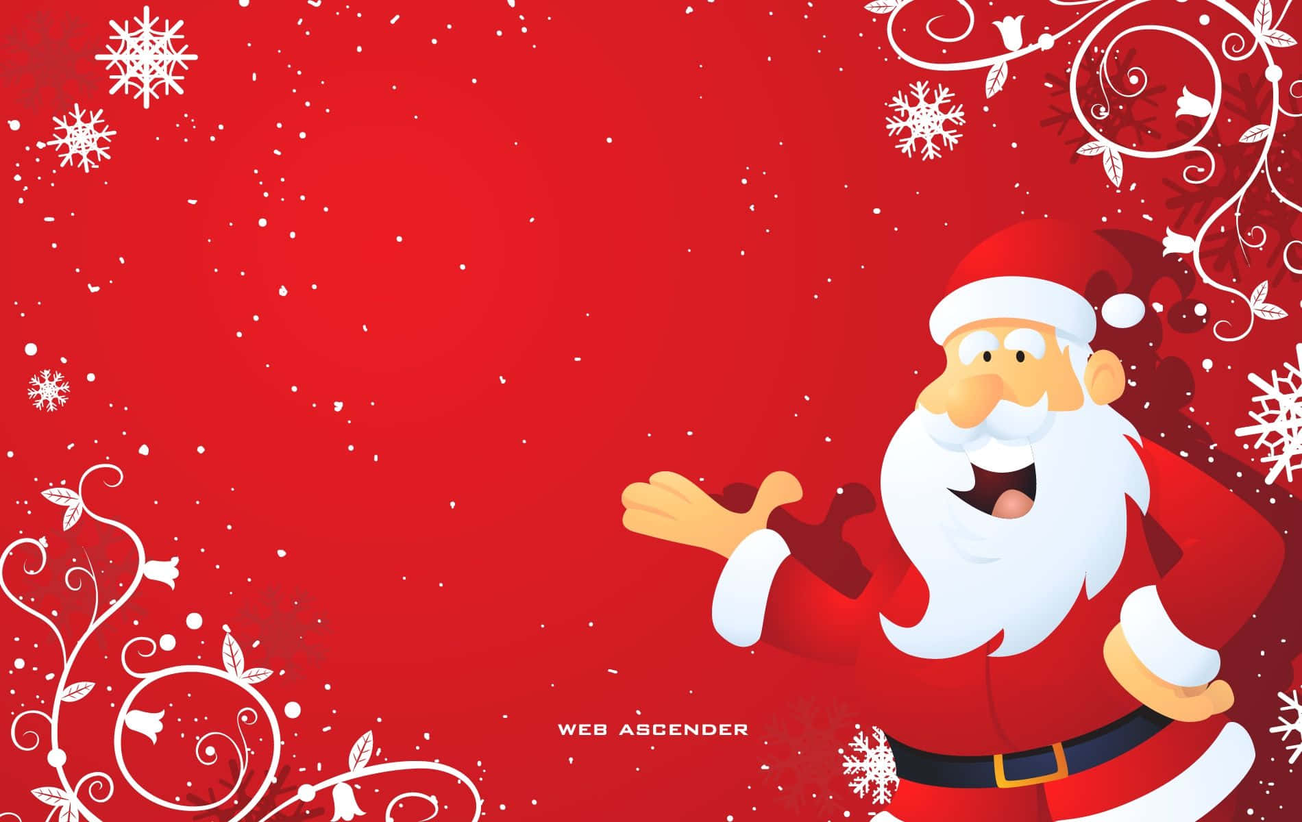 Santa Claus 桌布 壁紙 — 一個快樂的聖誕老人在鮮紅色背景上揮手，背景點綴著白色雪花和裝飾性漩渦。