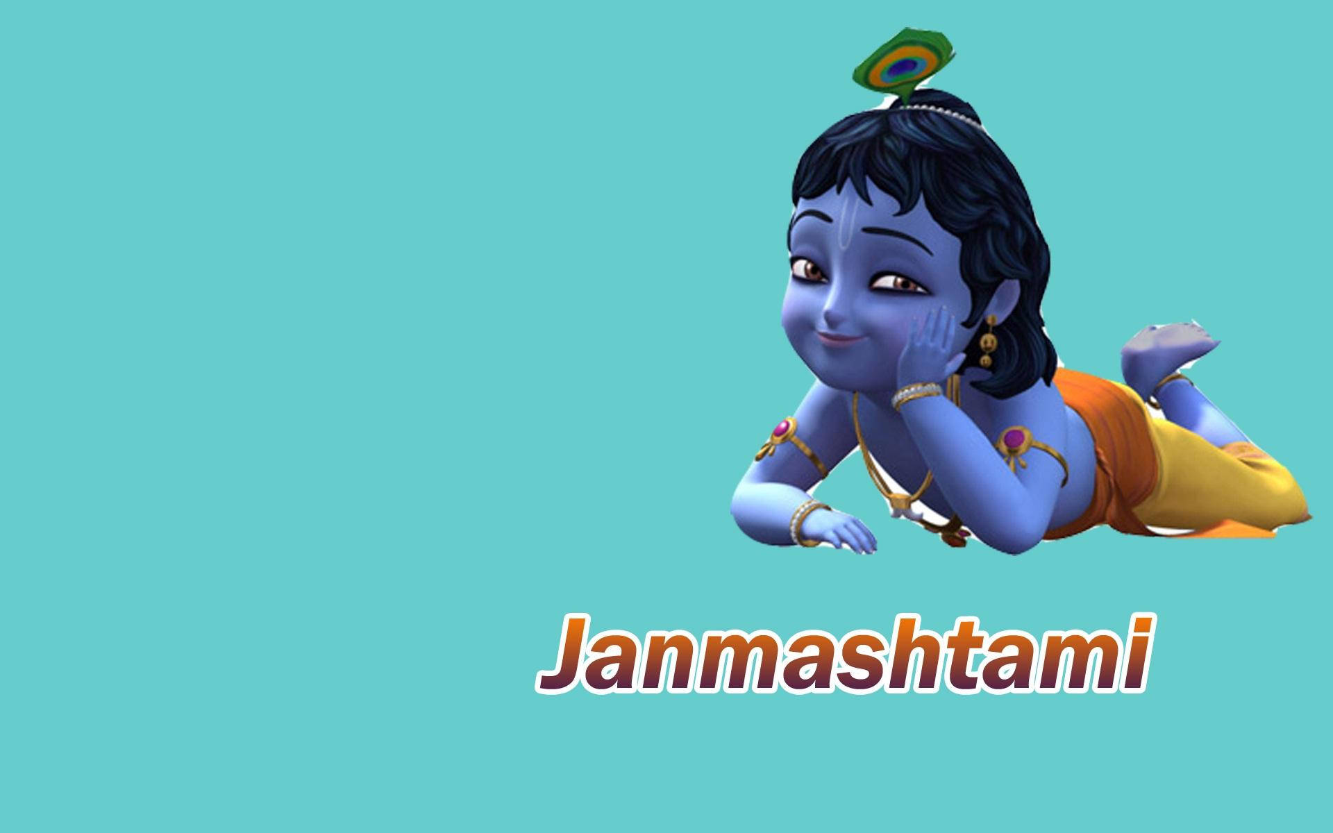 krishna god 桌布 壁紙 — 一個快樂的藍皮膚動畫嬰兒克里希納趴在純青色背景上，下方有「Janmashtami」文字。