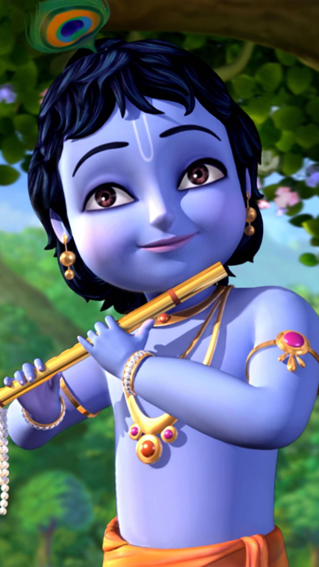 krishna phone 桌布 壁紙 — 一個快樂的藍皮膚動畫小孩戴著孔雀羽毛皇冠，在茂密的綠葉中吹奏金色長笛。