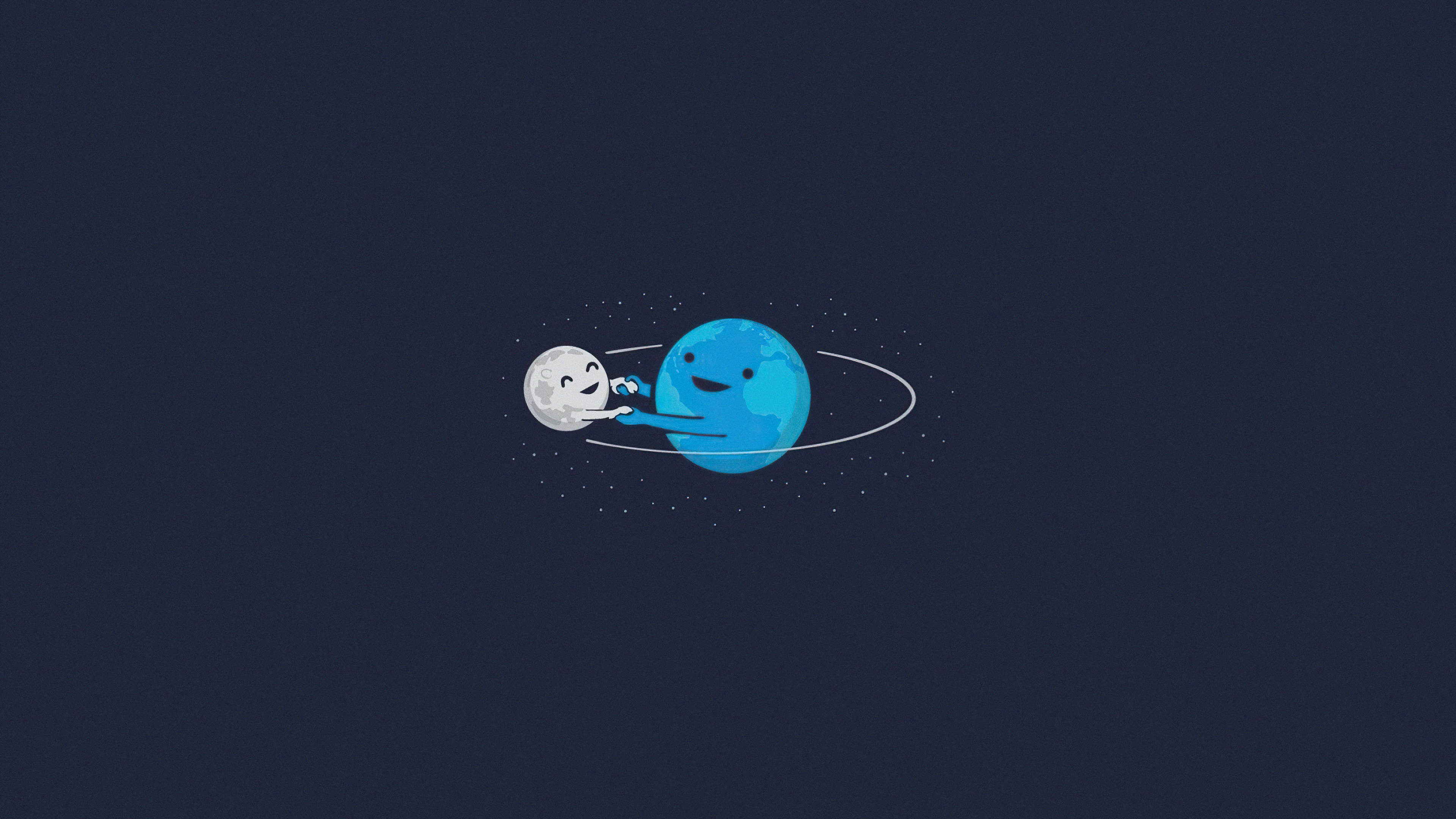 地球 桌布 壁紙 — 一個快樂的藍色行星和微笑的月亮手牽手在繁星點點的黑暗太空中運行。