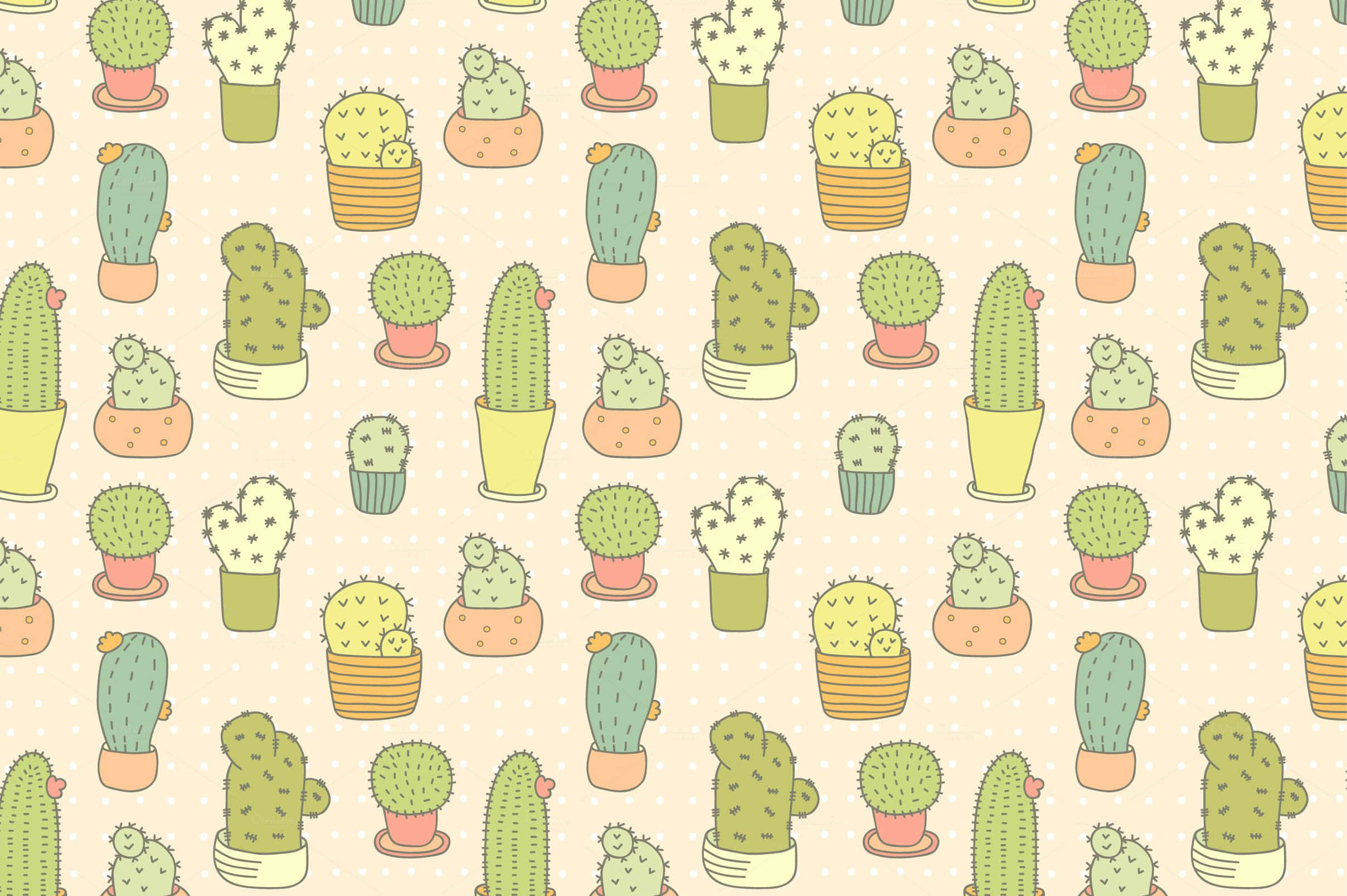 Kawaii Cactus 桌布 壁紙 — 一個快樂的重複圖案，在點點米色背景上，有卡通仙人掌放在柔和色調的花盆中。