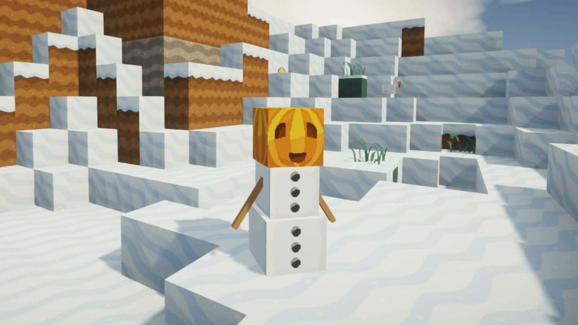 Minecraft Snow Golem 桌布 壁紙 — 一個快樂的雪人，南瓜頭，站在方塊狀的雪景中，天空明亮。