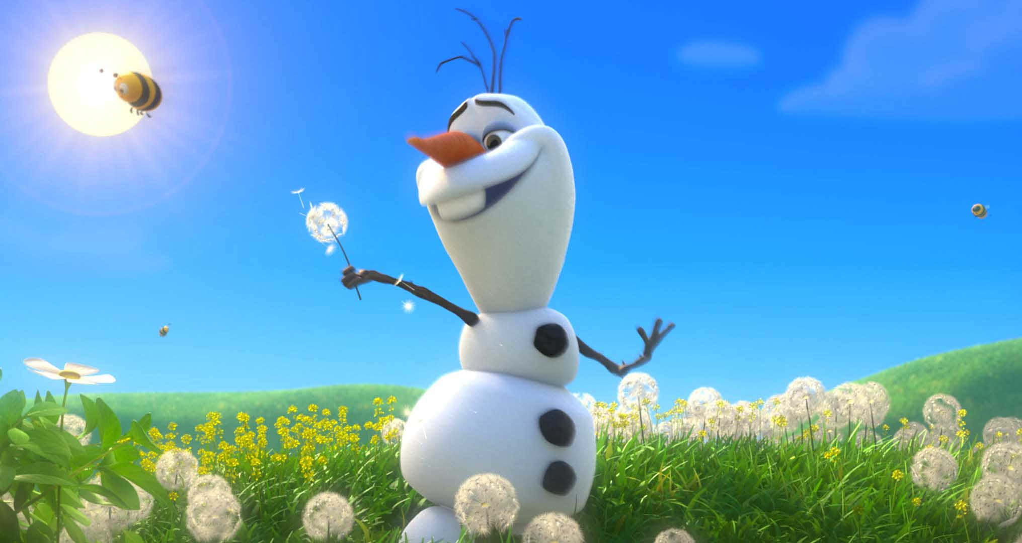 雪人 桌布 壁紙 — 一個快樂的雪人，有樹枝手臂和胡蘿蔔鼻子，站在陽光明媚的蒲公英和野花田裡，頭頂是明亮的藍天，還有一隻嗡嗡作響的蜜蜂。