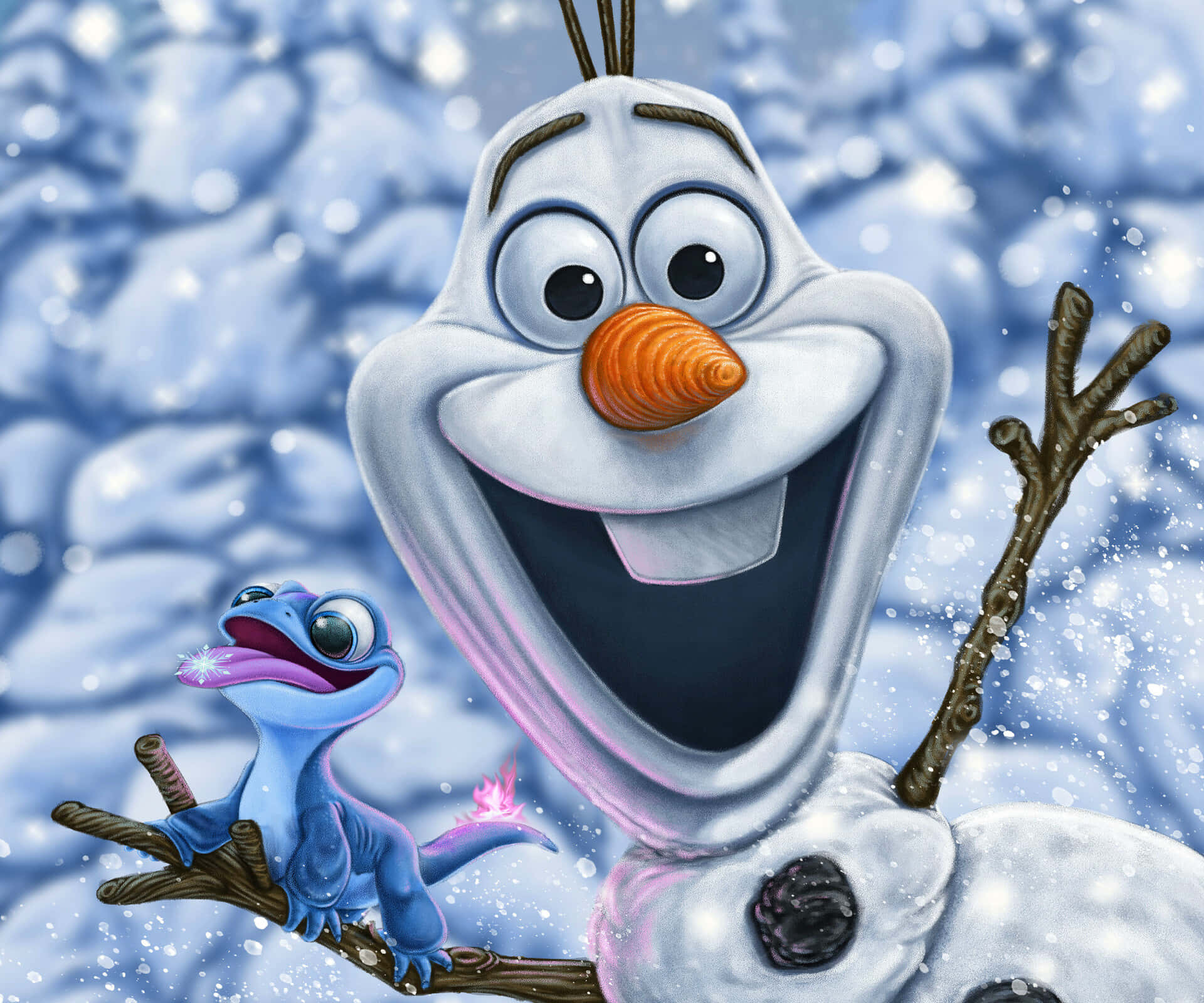 Olaf 桌布 壁紙 — 一個快樂的雪人，有胡蘿蔔鼻子和樹枝手臂，大聲笑著，一隻帶有發光粉紅色翅膀的小藍色生物棲息在他的手臂上，背景是雪地。
