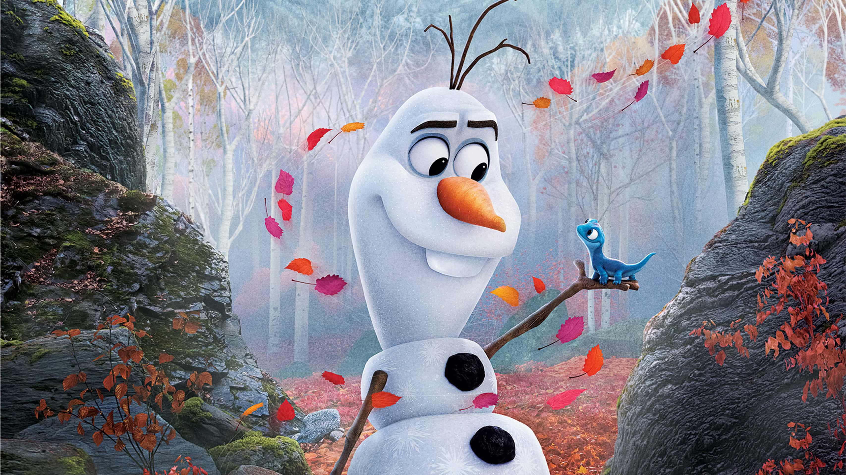 Olaf 桌布 壁紙 — 一個快樂的雪人，有胡蘿蔔鼻子和樹枝手臂，站在霧濛濛的秋林中，色彩繽紛的樹葉在他周圍旋轉。