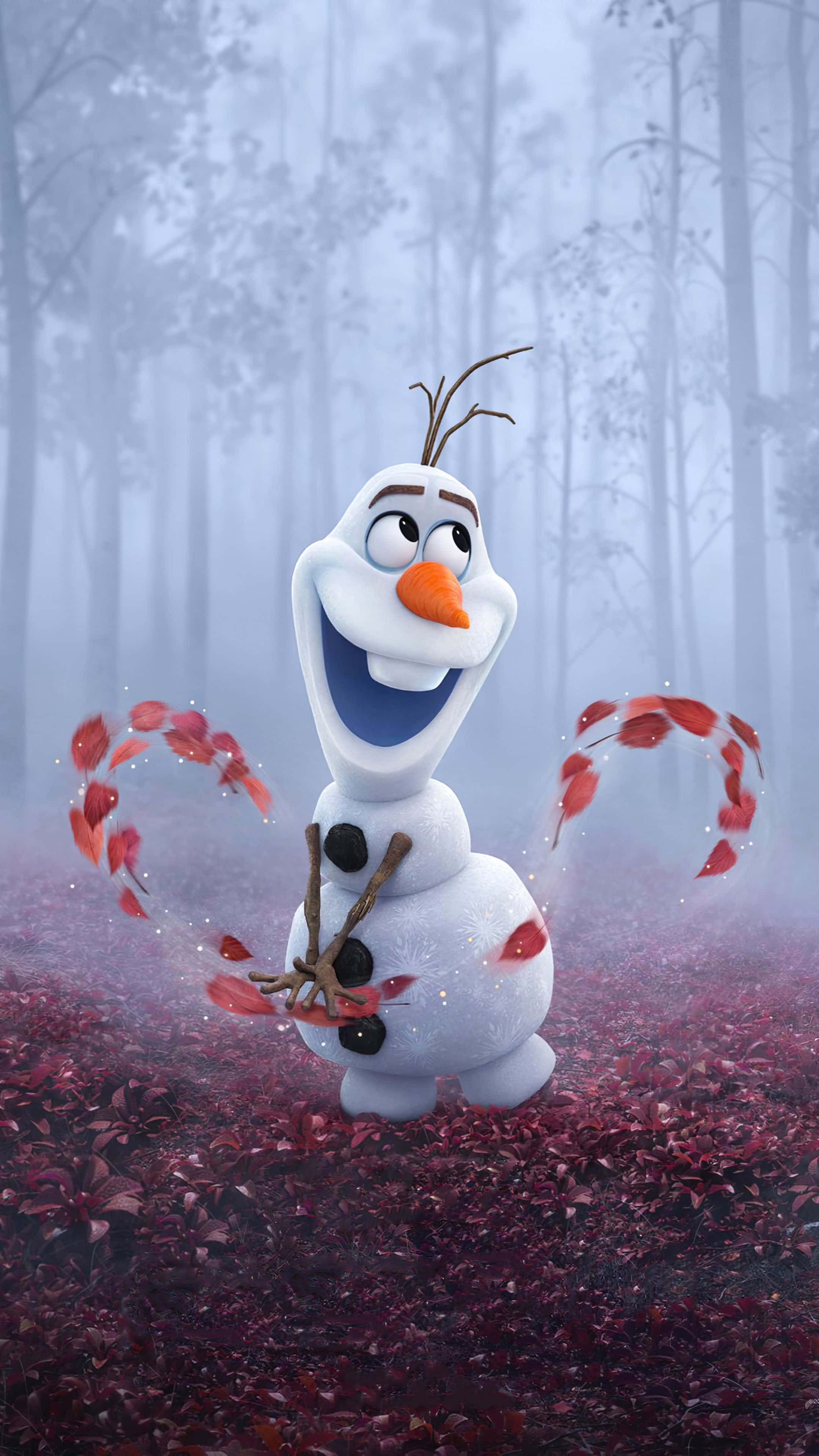 Olaf 桌布 壁紙 — 一個快樂的雪人，用樹枝手臂和胡蘿蔔鼻子，在迷霧的秋林中愉快地旋轉紅葉。